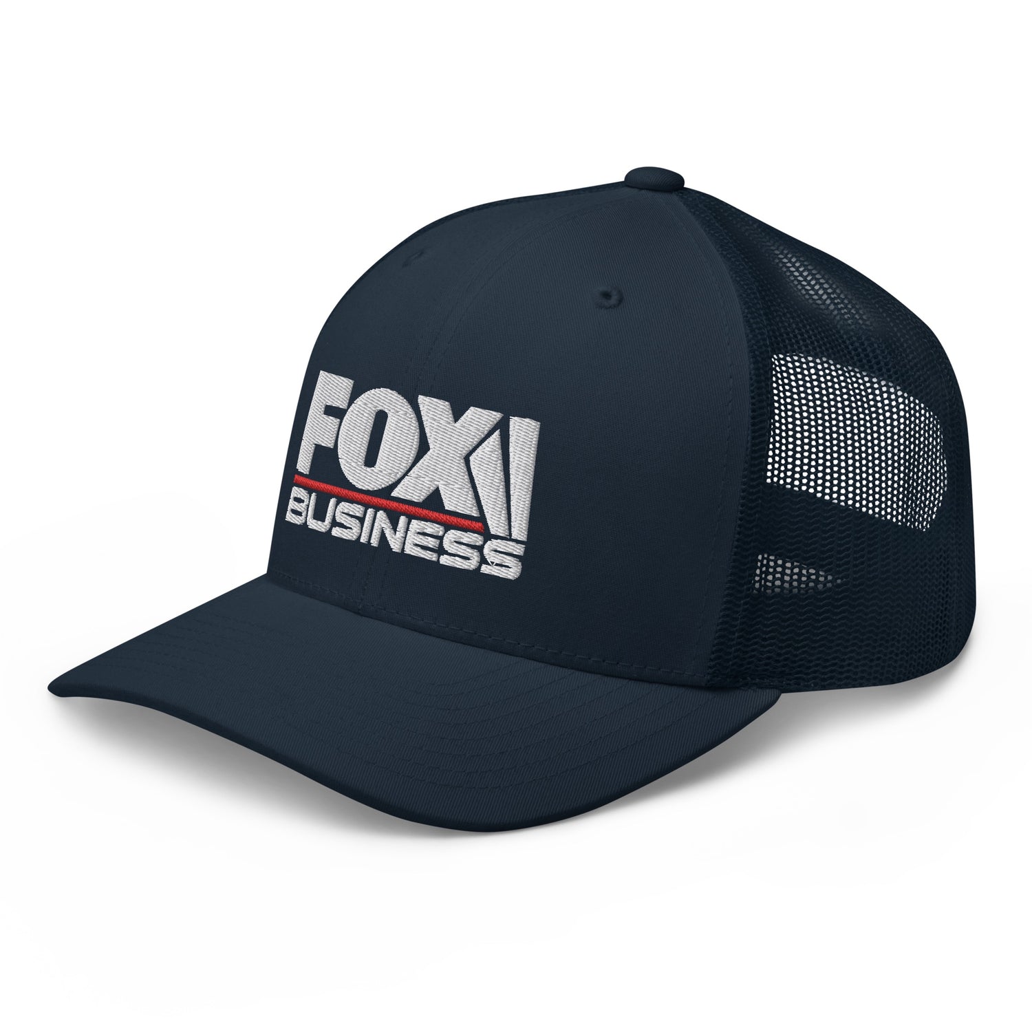 Three different colors of the FOX Business retro trucker hats—black, navy, and white—displayed together.