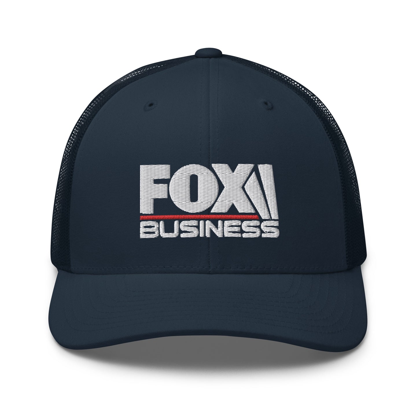 Close-up detail of the crisp, multi-color embroidery on the FOX Business logo trucker hat crown.