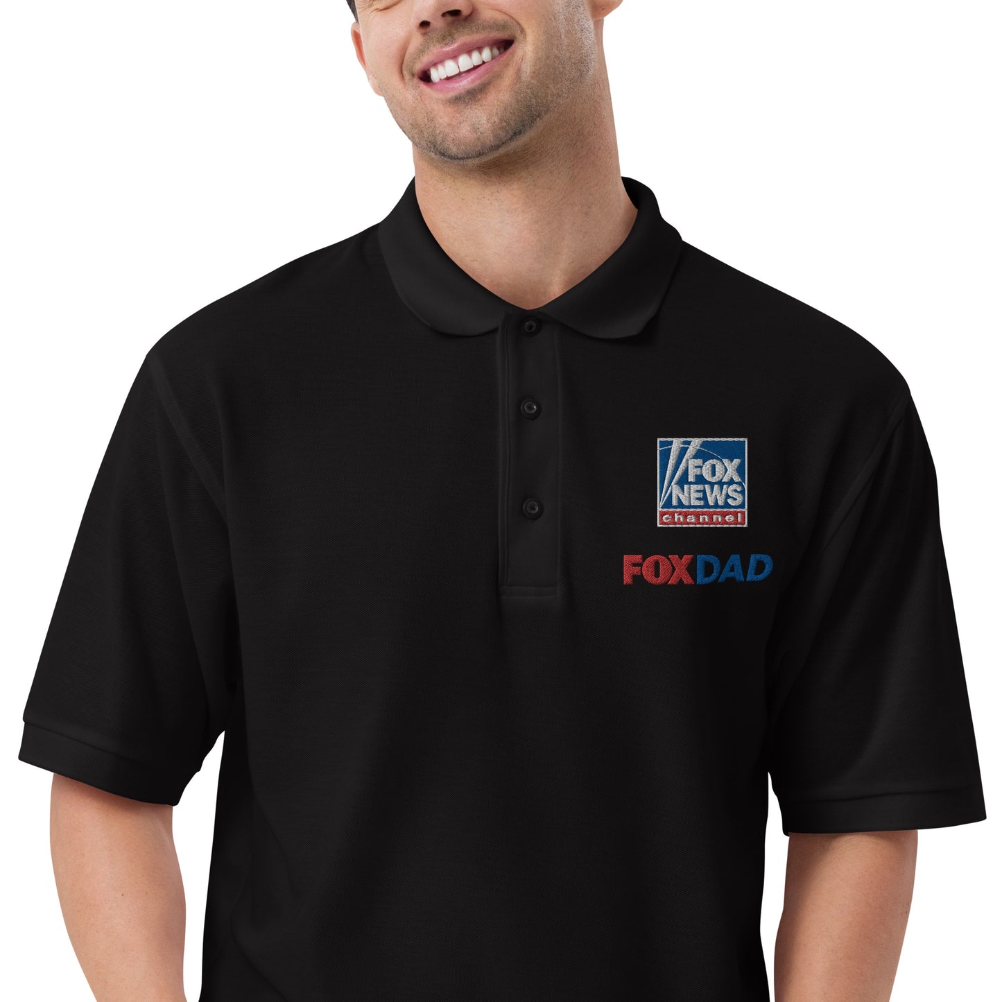 A clean, professional product studio shot of the FOX News Dad Embroidered Polo Shirt in White, highlighting its classic fit and premium fabric texture.