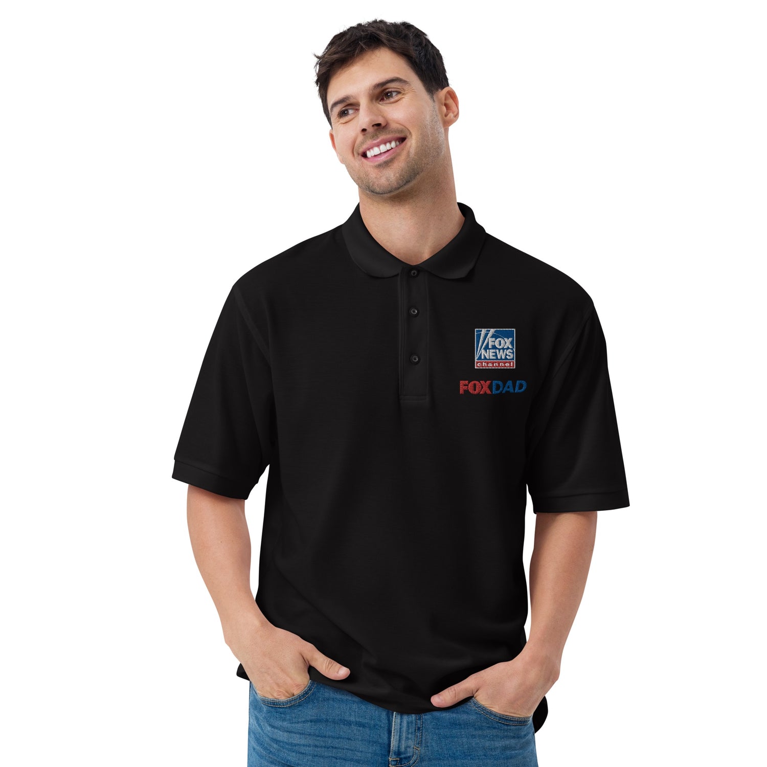 Lifestyle setting in a comfortable American home office, displaying the FOX News Dad Embroidered Polo Shirt draped over the back of an executive chair.