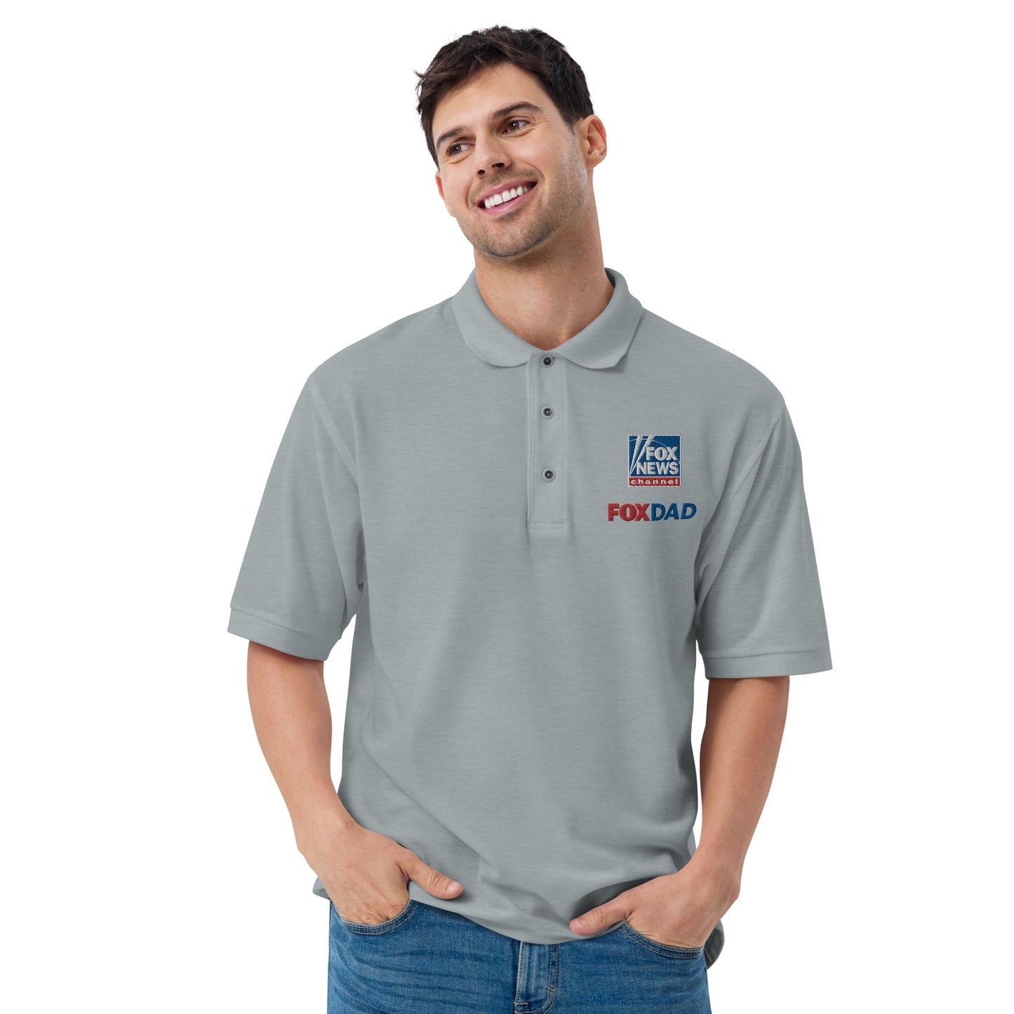 Close-up detail shot of the crisp, professional embroidery on the FOX News Dad Embroidered Polo Shirt.