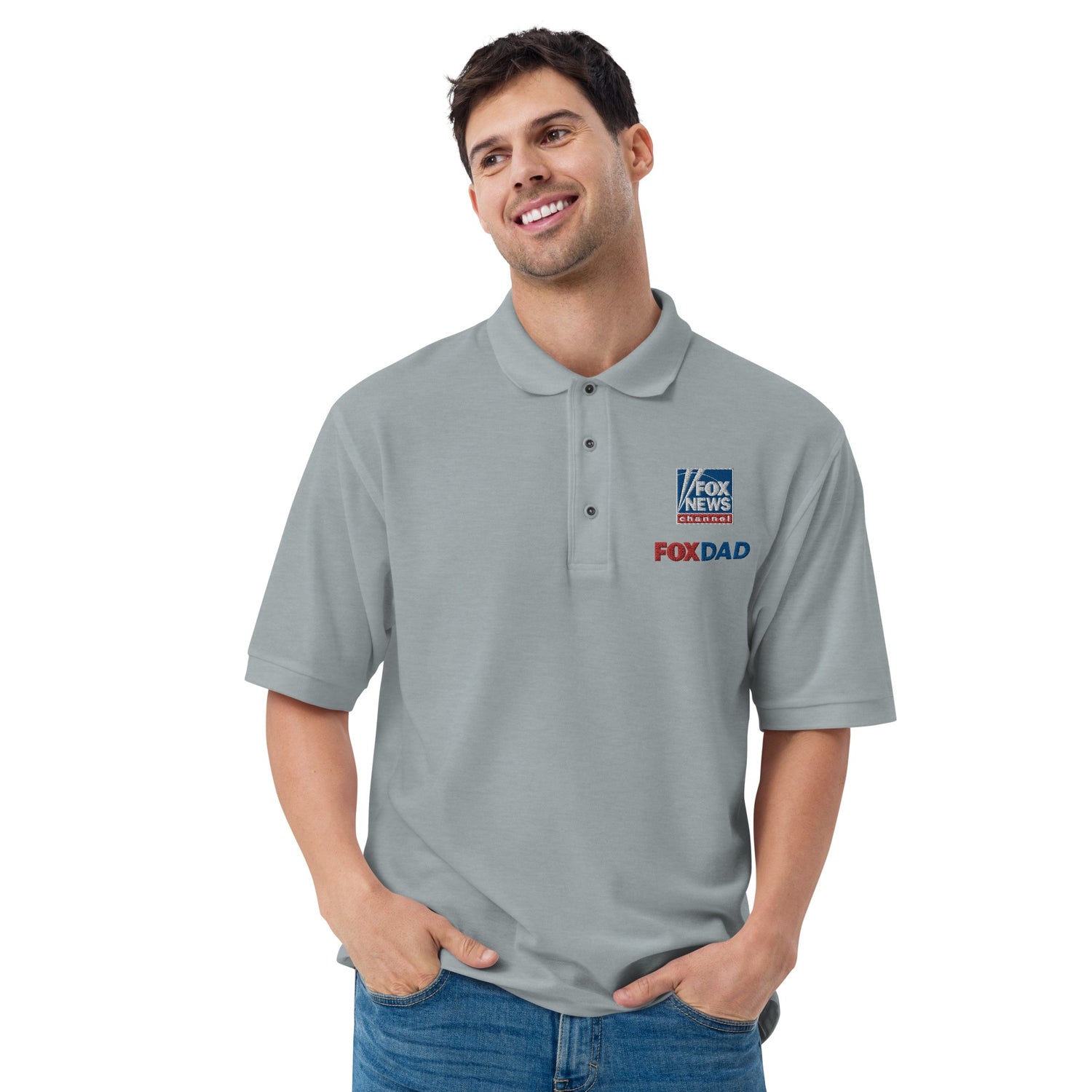 Close-up detail shot of the crisp, professional embroidery on the FOX News Dad Embroidered Polo Shirt.