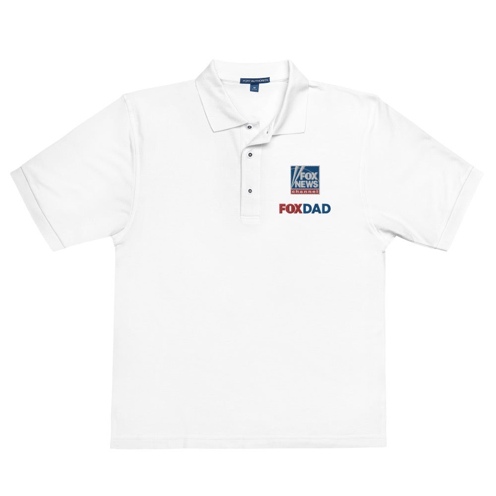 Detailed view of the sleeve and hem construction on the FOX News Dad Embroidered Polo Shirt.