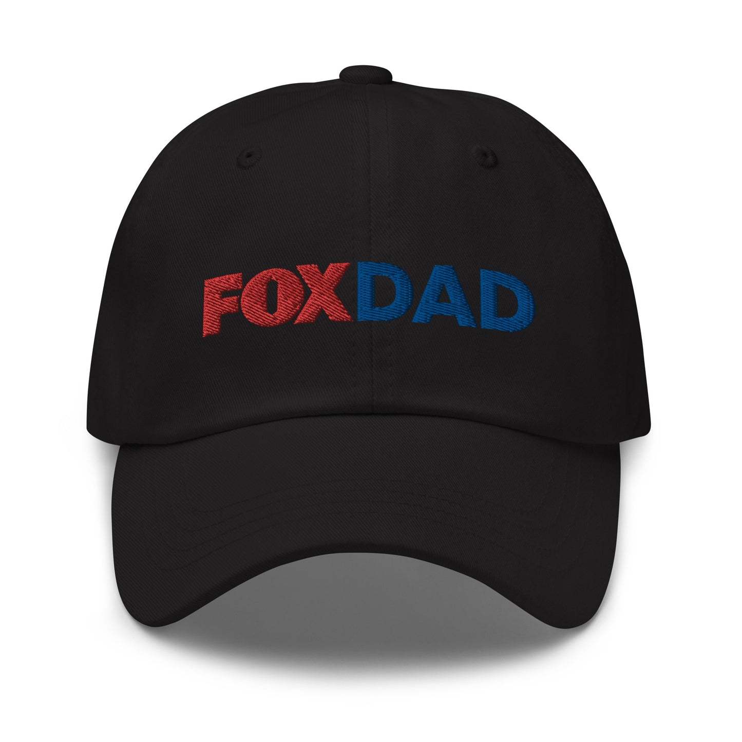 A close-up shot of the black FOX News Fox Dad Classic Dad Hat featuring the white logo on a clean background.