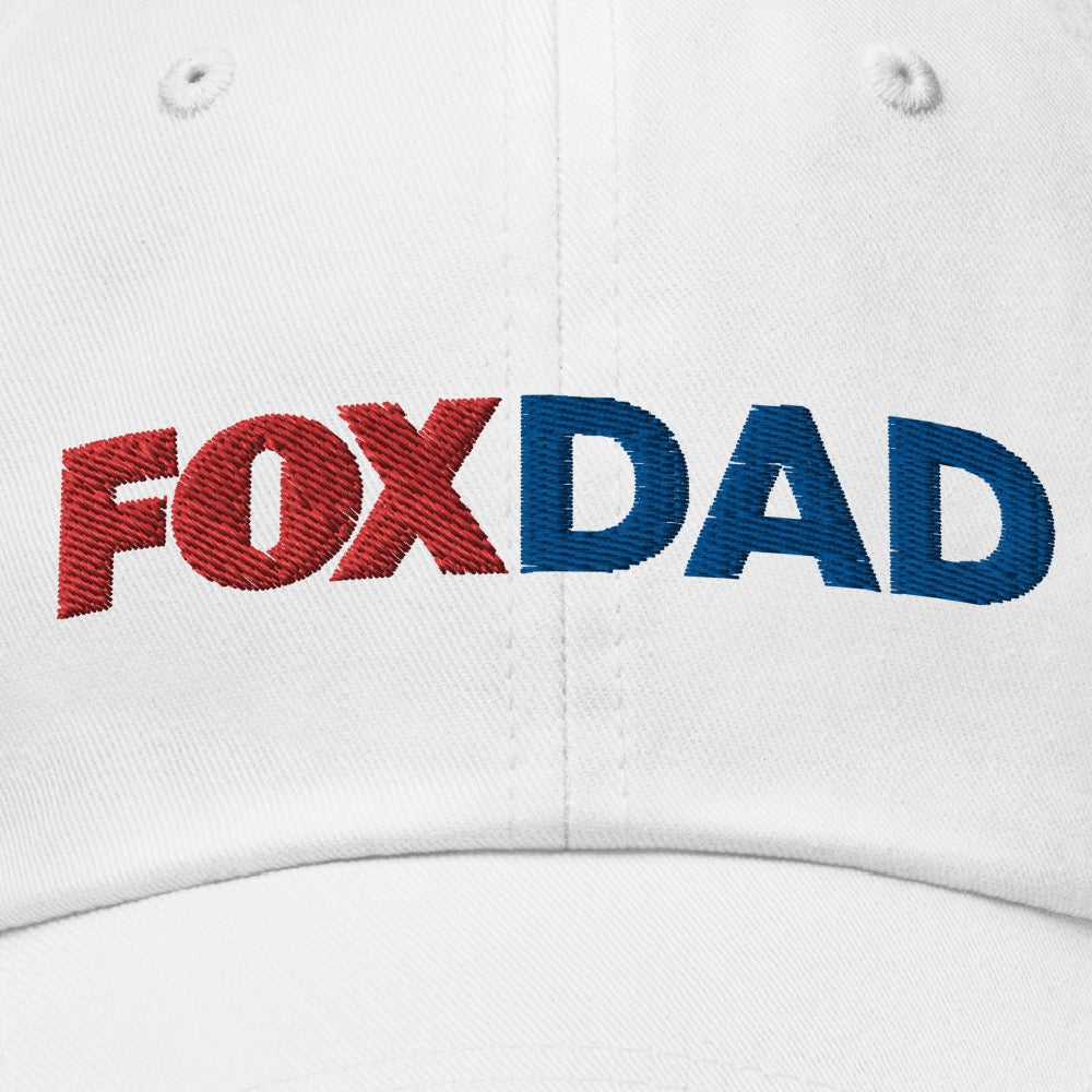 The FOX News Fox Dad Classic Dad Hat in black and white variants shown side by side.