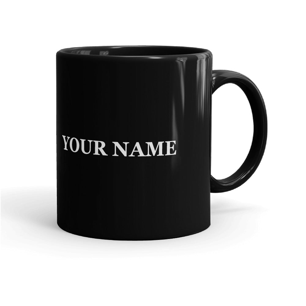 The 11oz FOX News Logo Personalized Black Mug shown from a side profile highlighting the sturdy handle and professional finish.