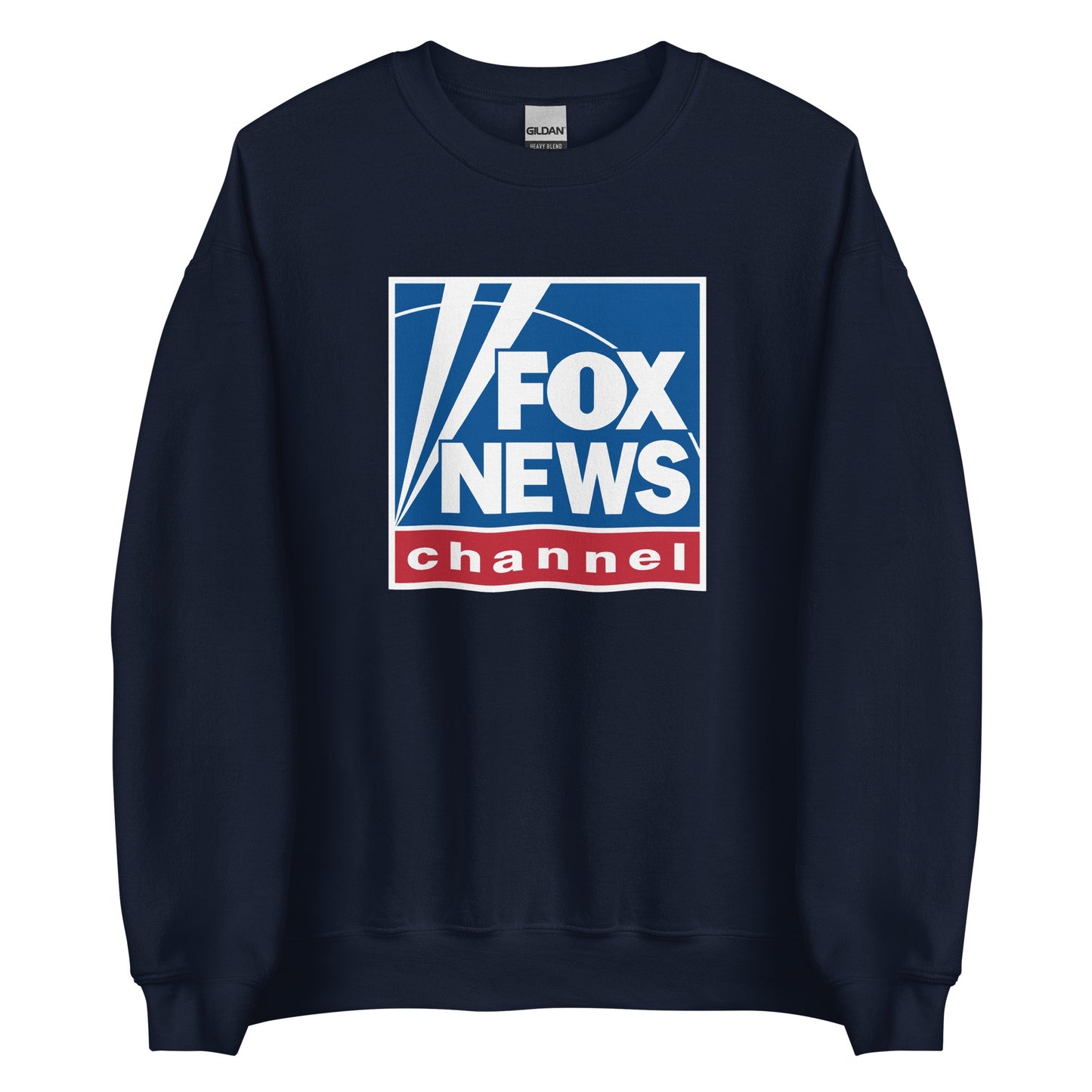 A man in a suburban backyard setting wearing a Navy FOX News Logo Crewneck Sweatshirt.