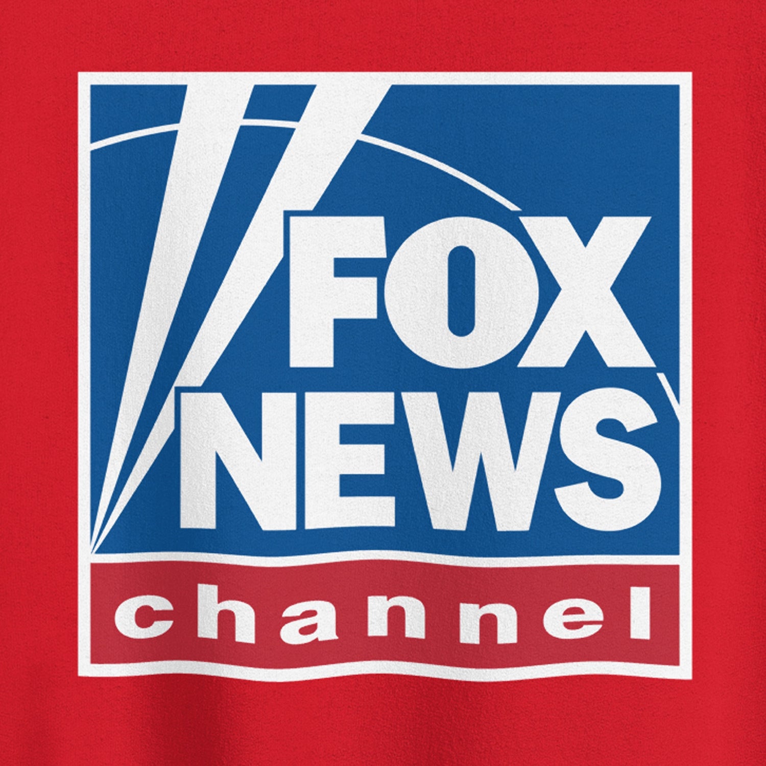 Close up of the crisp white FOX News logo on a red unisex sweatshirt.