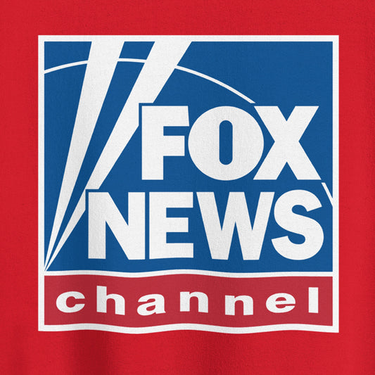 Close up of the crisp white FOX News logo on a red unisex sweatshirt.