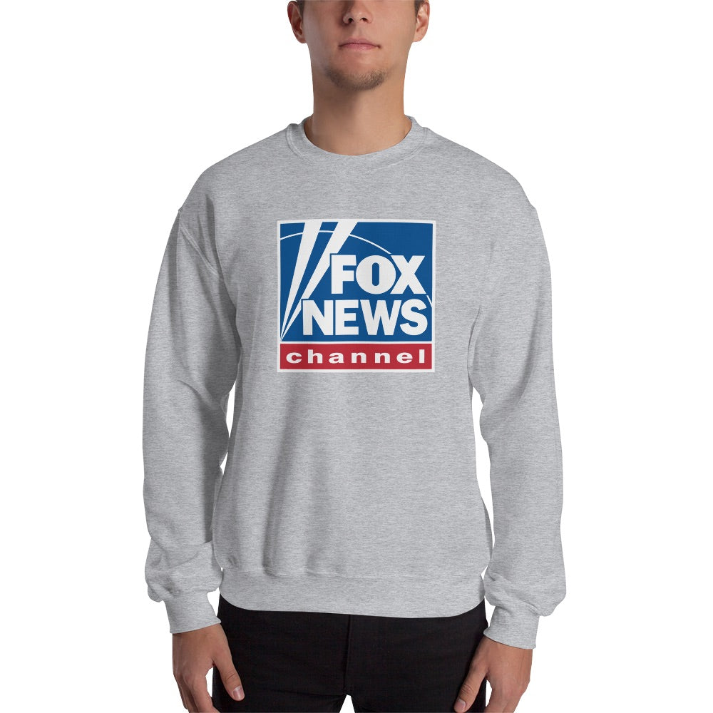 Detail shot of the ribbed collar and official tag on the FOX News sweatshirt.
