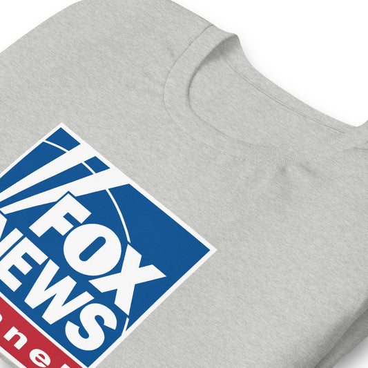 Close-up of the crisp black and white FOX News logo printed on the chest of a heather grey T-shirt.