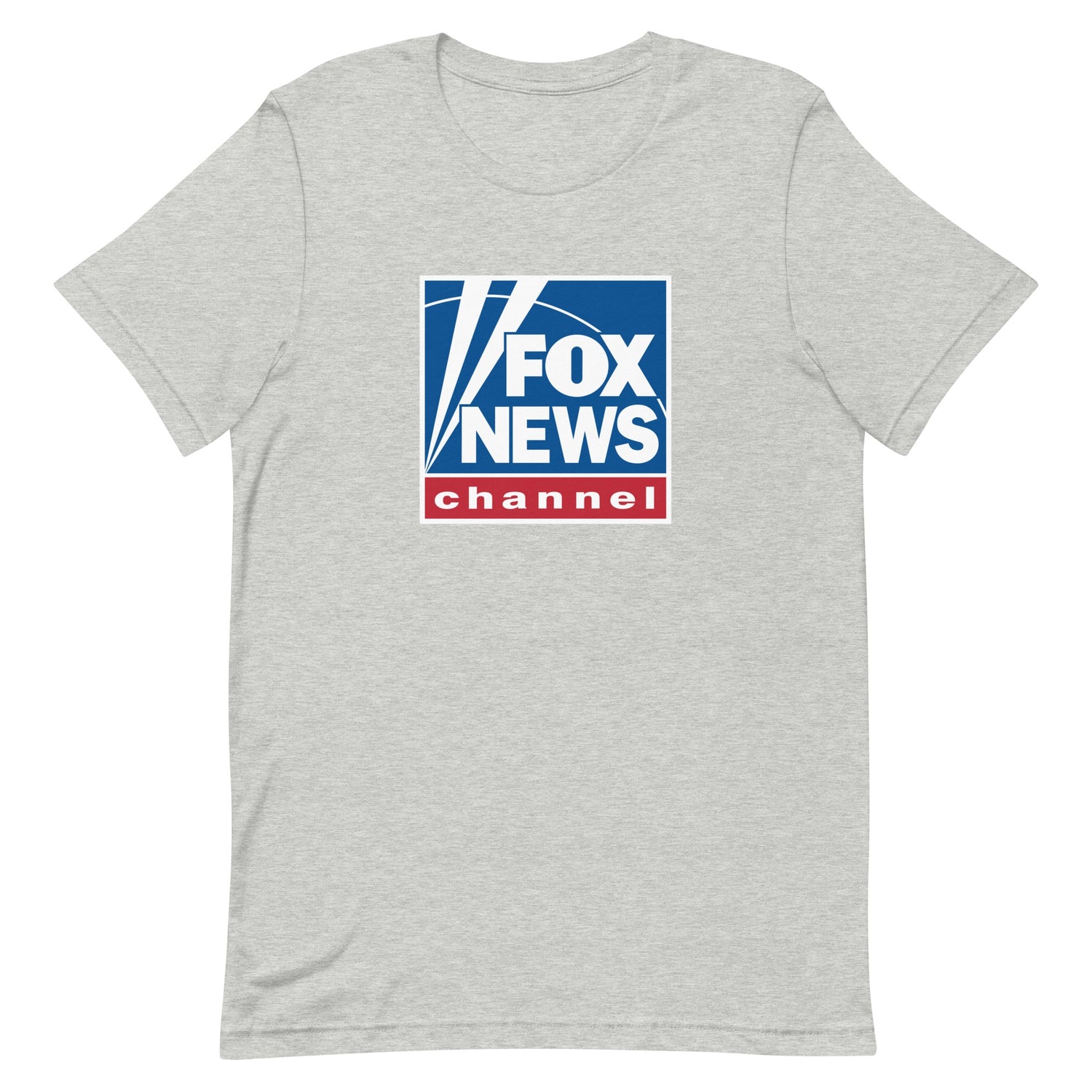 A man wearing the FOX News Logo T-Shirt in Athletic Heather standing in a bright American backyard setting.