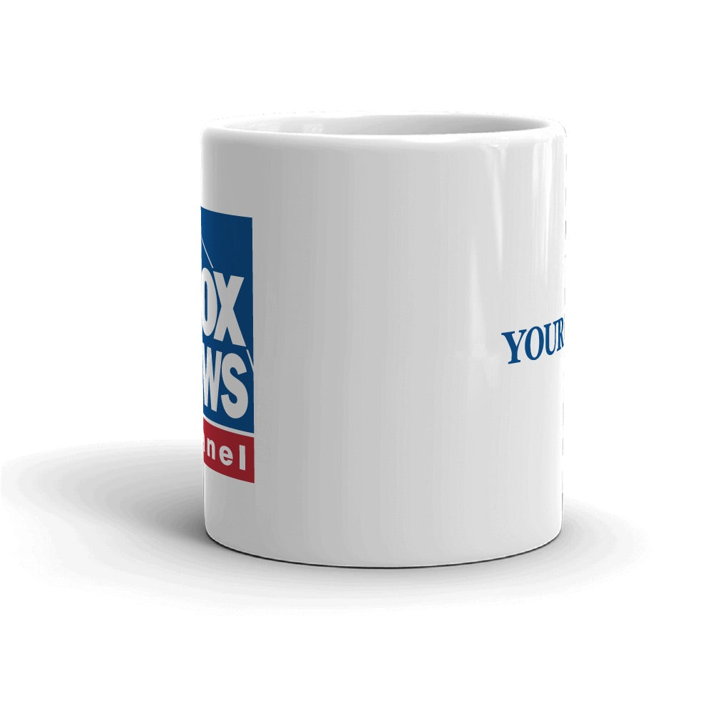 An office desk setting featuring the official FOX News ceramic mug, showcasing its clean lines and professional patriotic aesthetic.