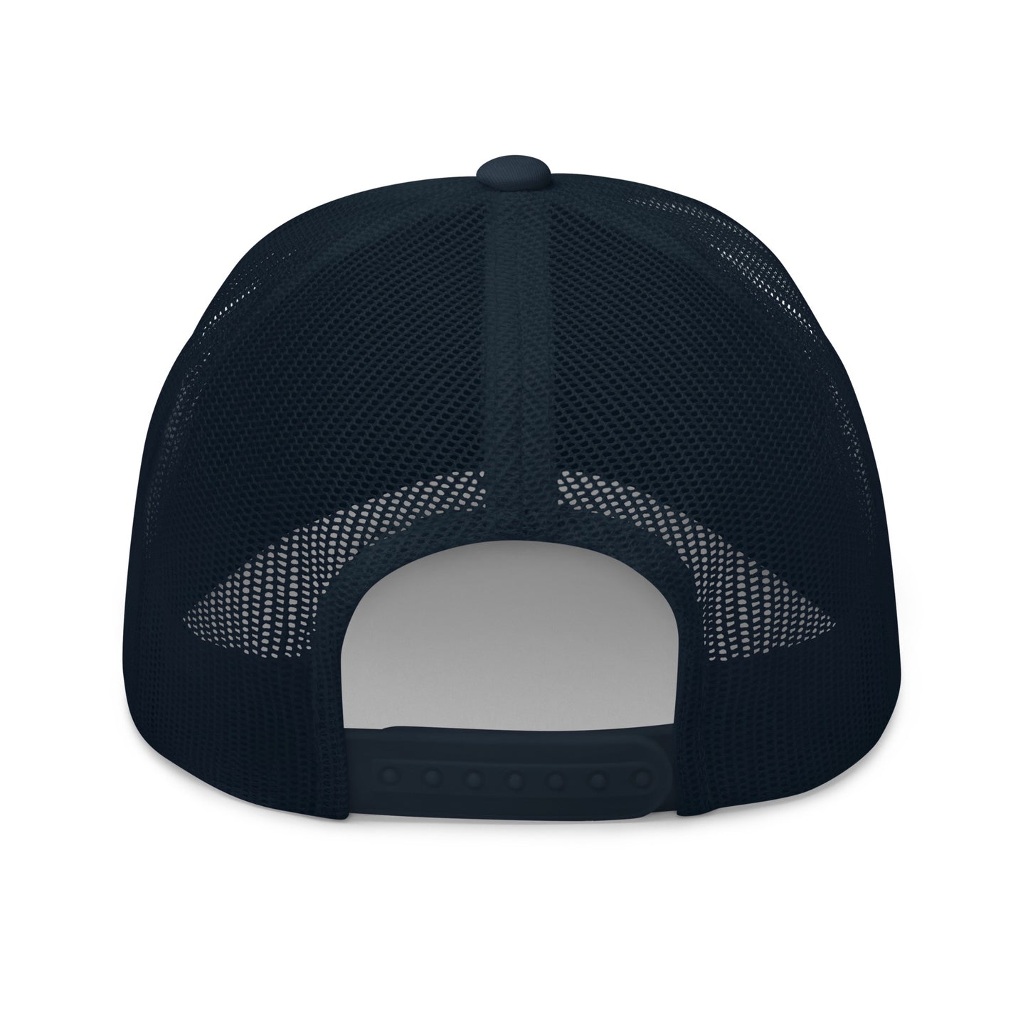 A clean outdoor backyard morning coffee setting featuring the navy and white FOX News embroidered trucker hat.