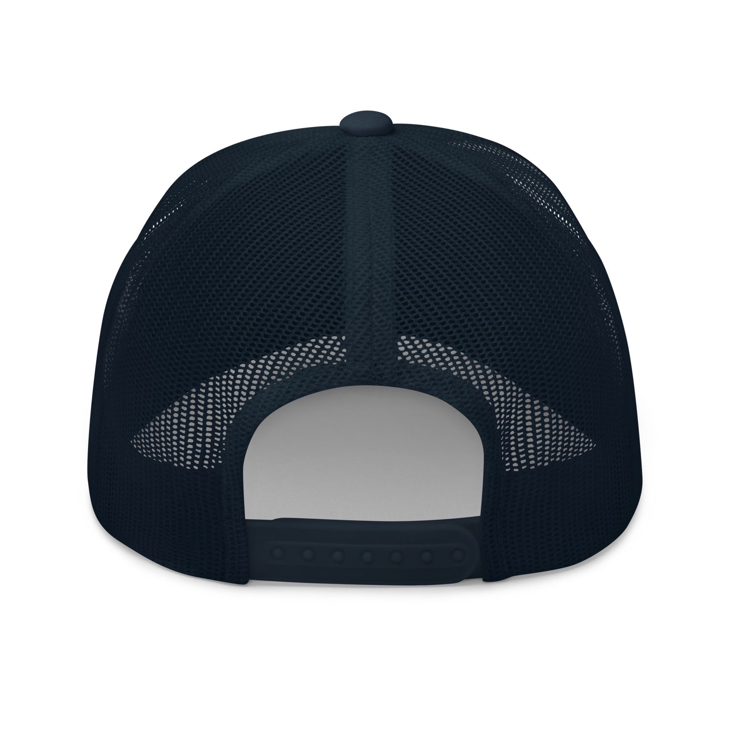 A clean outdoor backyard morning coffee setting featuring the navy and white FOX News embroidered trucker hat.