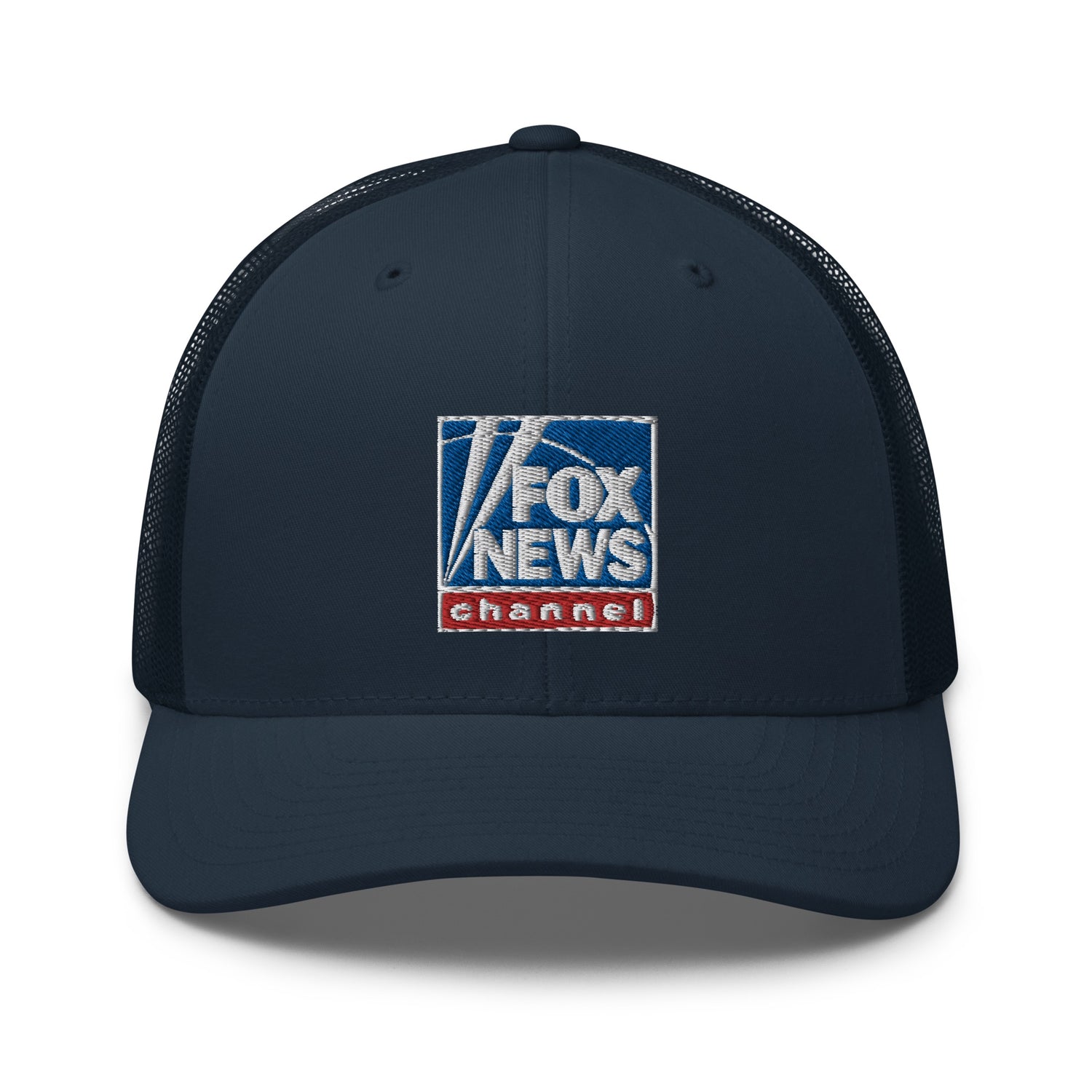 A modern American living room setting with a FOX News retro trucker hat resting neatly on a wooden accent table.