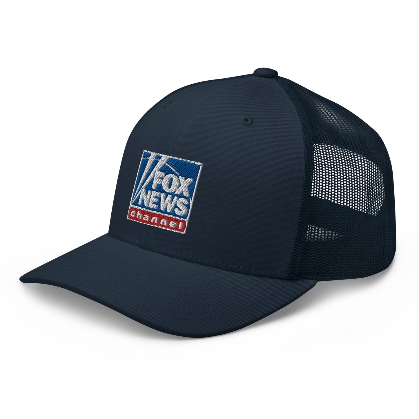Close-up shot highlighting the crisp white embroidered FOX News logo on the navy blue structured front panel.