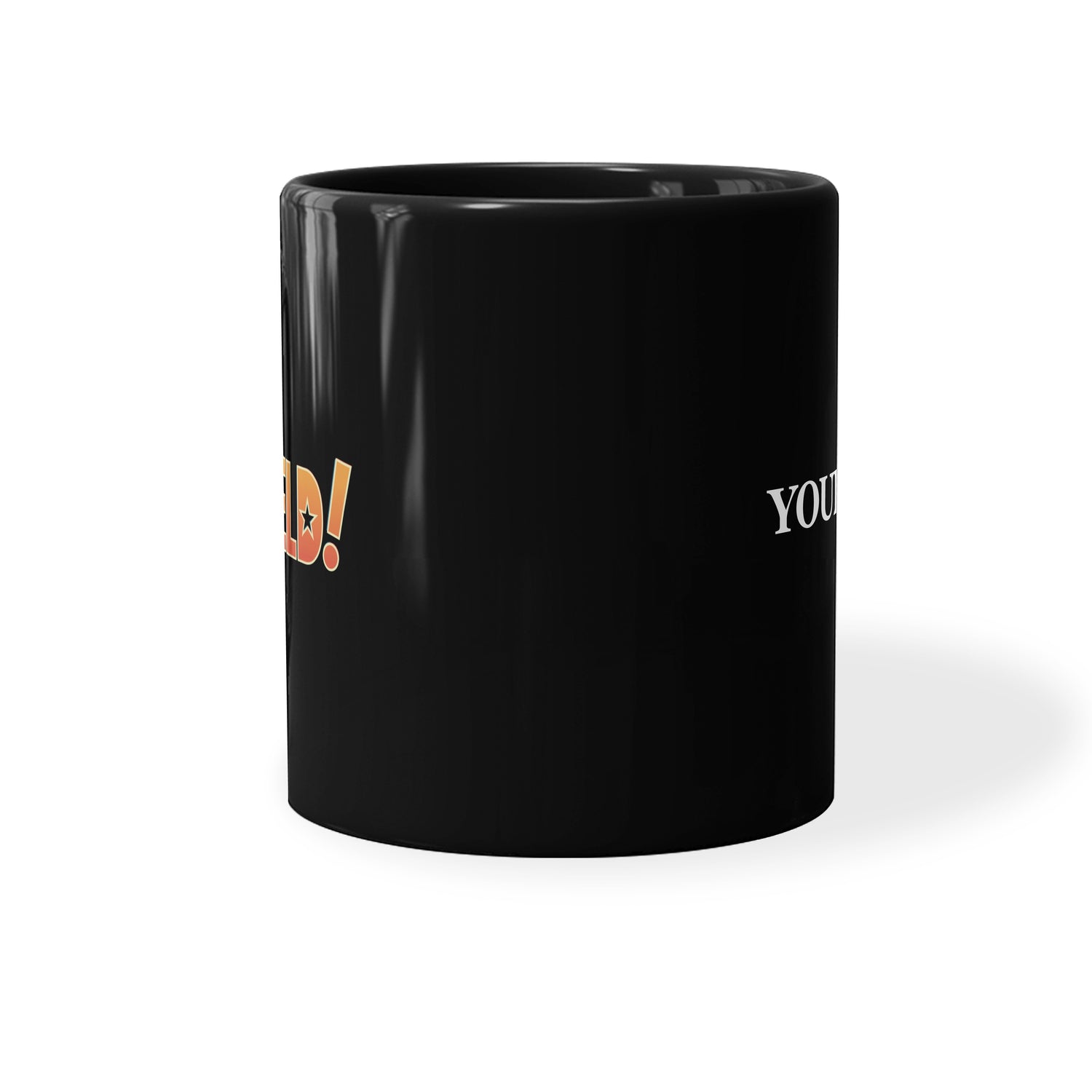 Front view of the 11oz *Gutfeld!* black mug showcasing the high-quality logo placement.