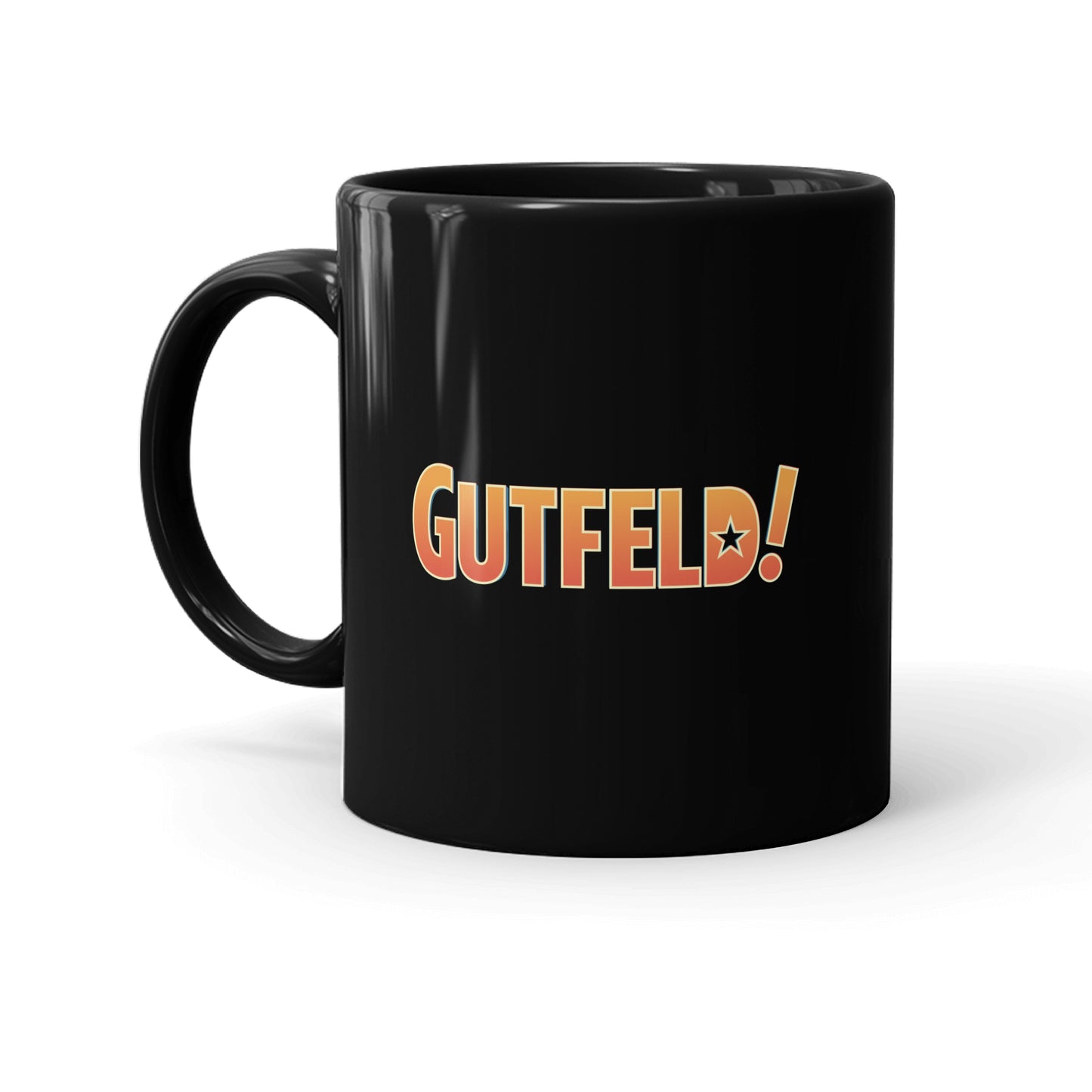 A personalized *Gutfeld!* logo black ceramic mug sitting on a clean kitchen counter in a suburban American home.