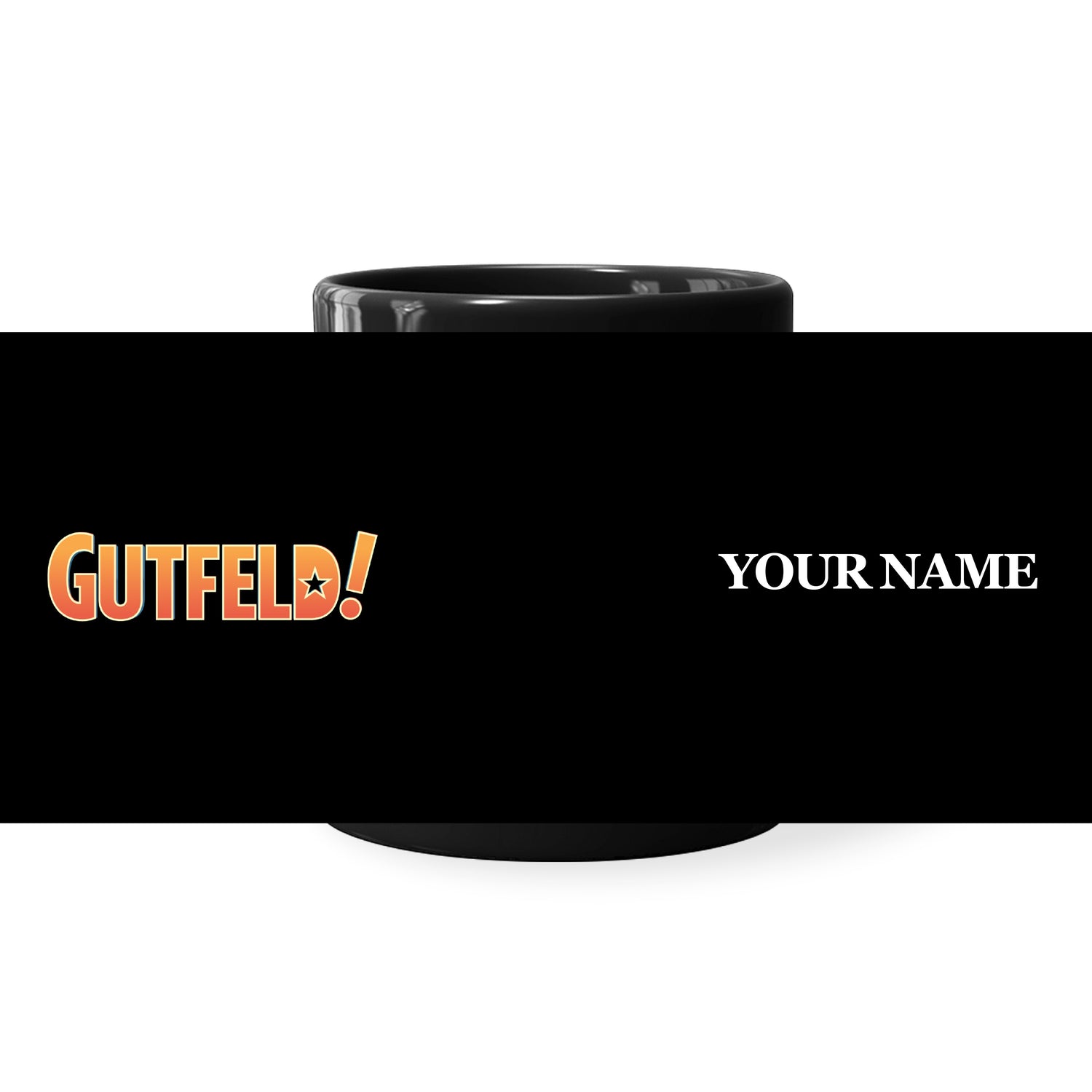 The personalized *Gutfeld!* mug displayed on a collector's shelf alongside other *FOX News* memorabilia.
