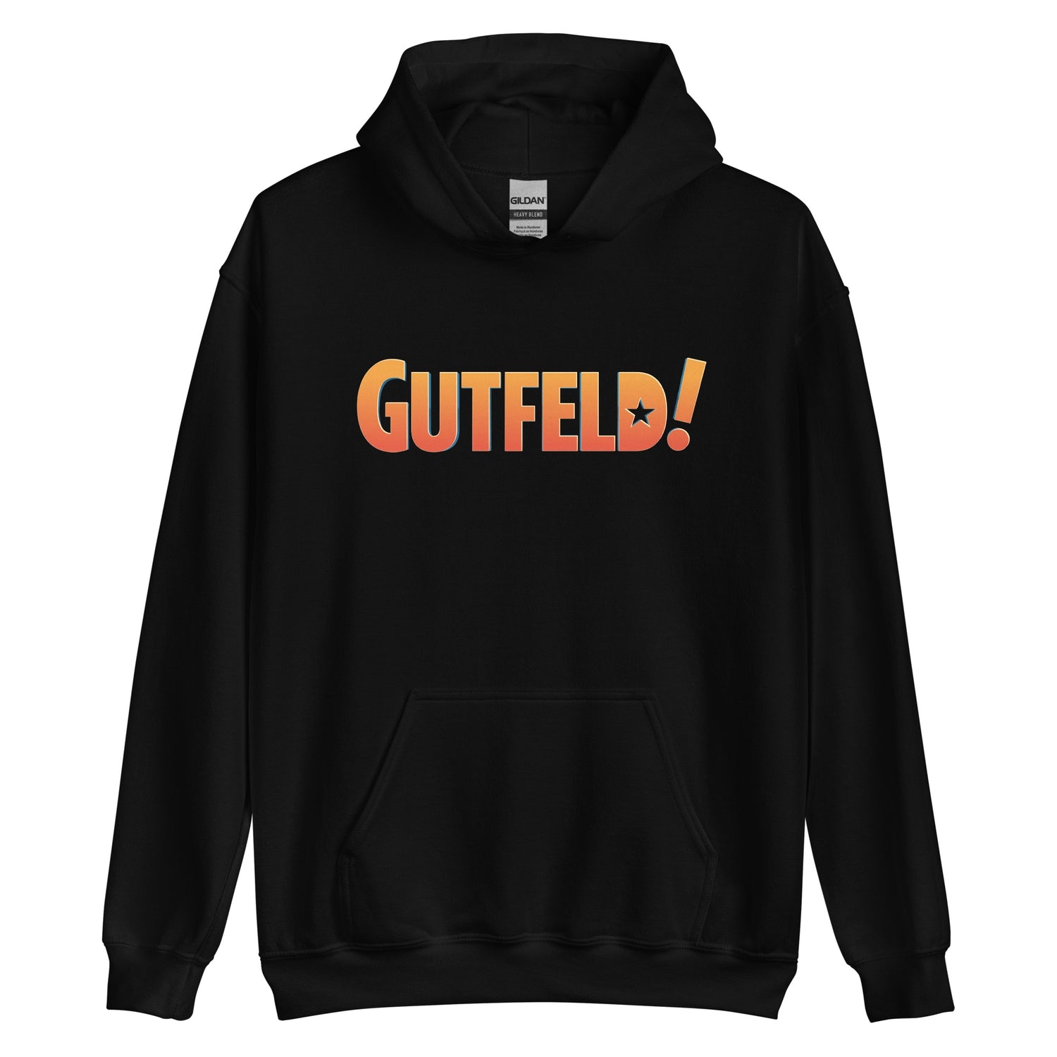 Front view of the unisex Gutfeld! Logo Hoodie showing the high-quality drawstring hood and kangaroo pocket.