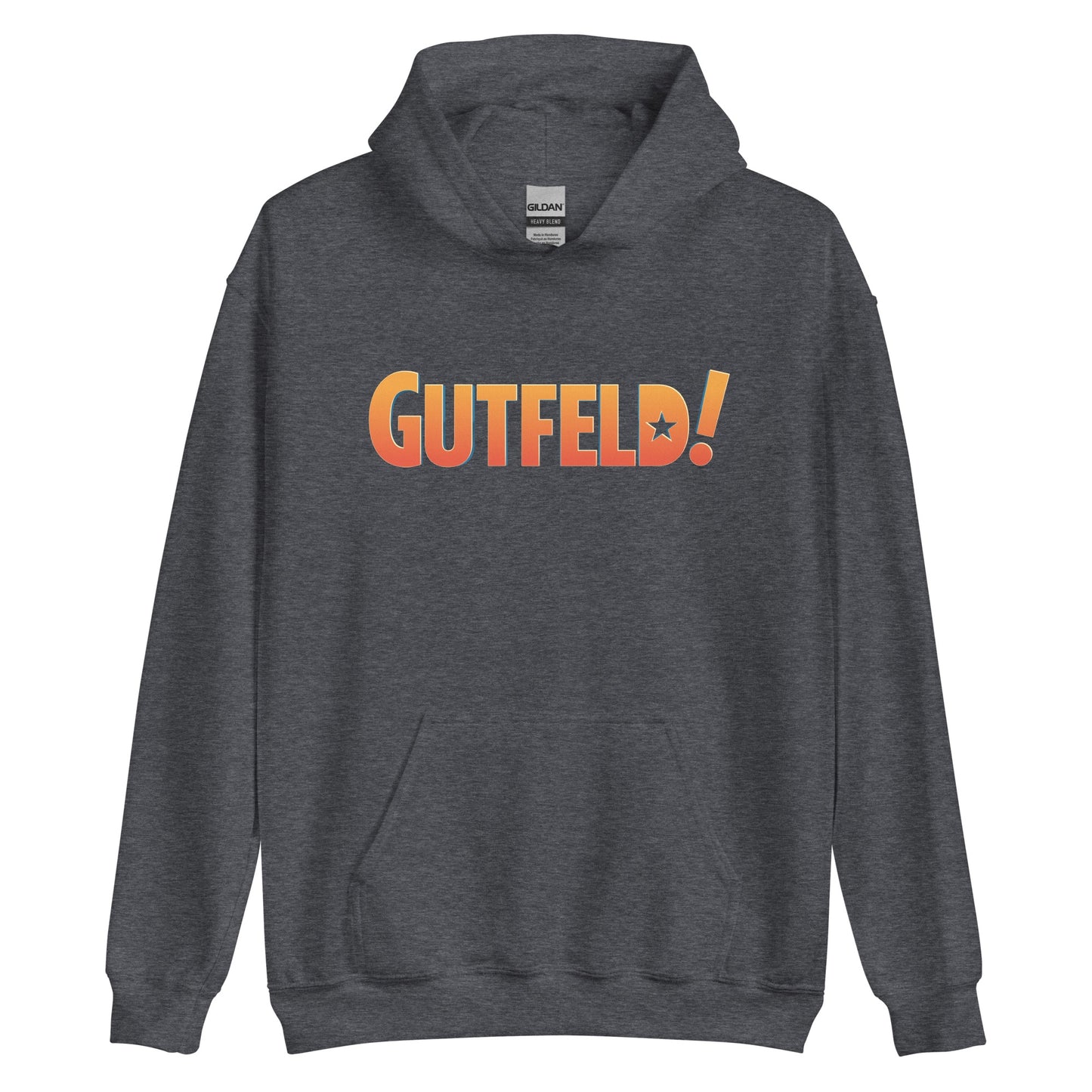 A loyal viewer wearing the Gutfeld! hoodie while relaxing in a modern living room, representing the patriotic spirit of FOX News.