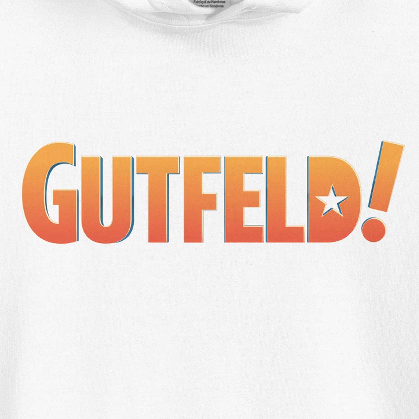 Close-up of the officially licensed Gutfeld! logo graphic printed on the soft charcoal fabric of the hoodie.