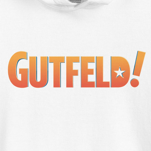 Close-up of the officially licensed Gutfeld! logo graphic printed on the soft charcoal fabric of the hoodie.