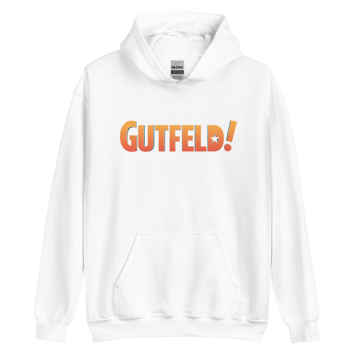A black Gutfeld! Logo Hoodie featuring the crisp white and red show logo on the chest in a suburban American home setting.