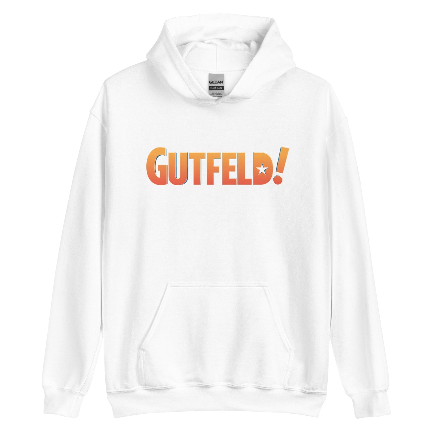 A black Gutfeld! Logo Hoodie featuring the crisp white and red show logo on the chest in a suburban American home setting.