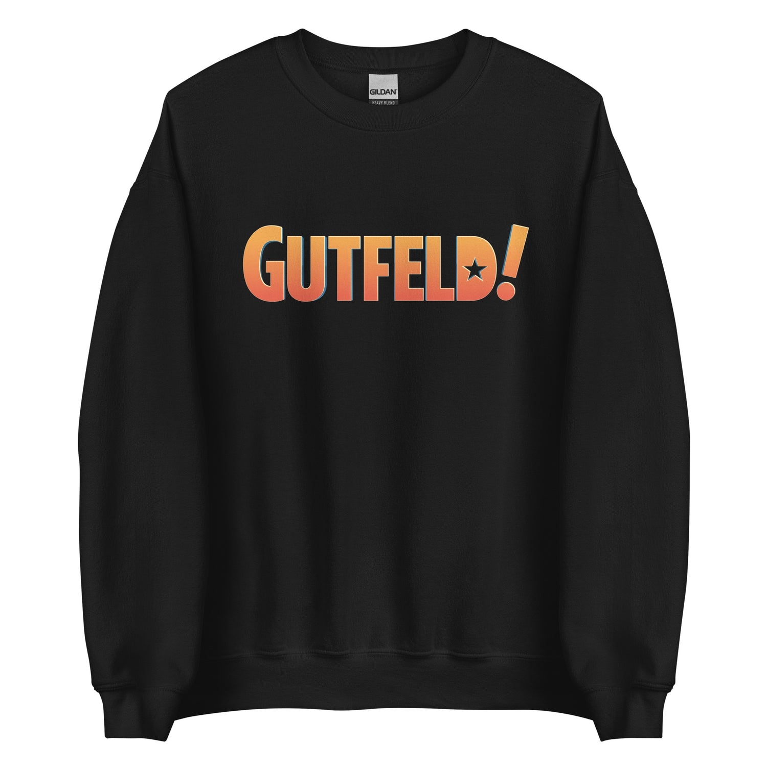 A crisp Gutfeld! logo printed on a black unisex crewneck sweatshirt in a clean American home setting.