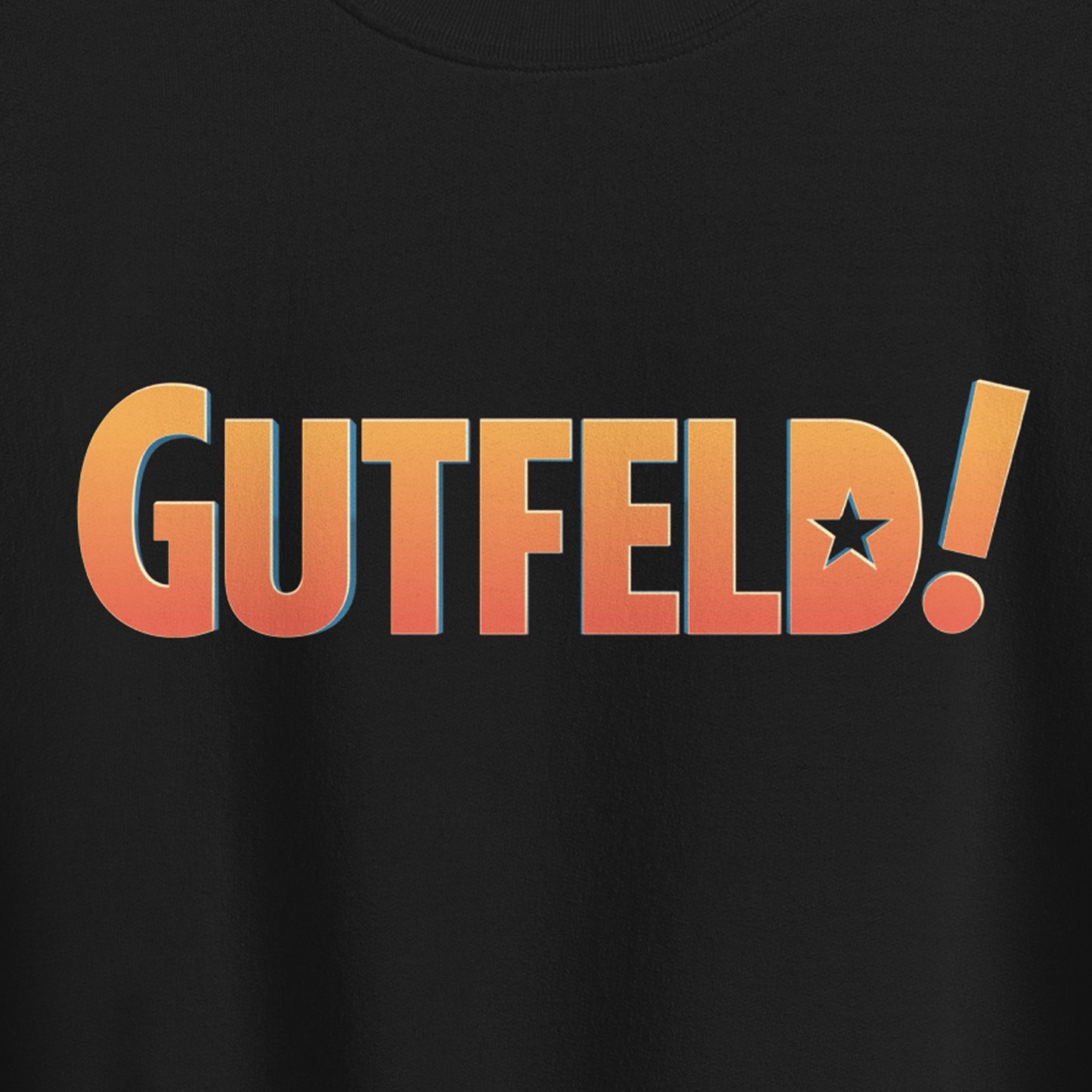 Front view of the white Gutfeld! Logo Crewneck Sweatshirt showcasing the bold show branding.
