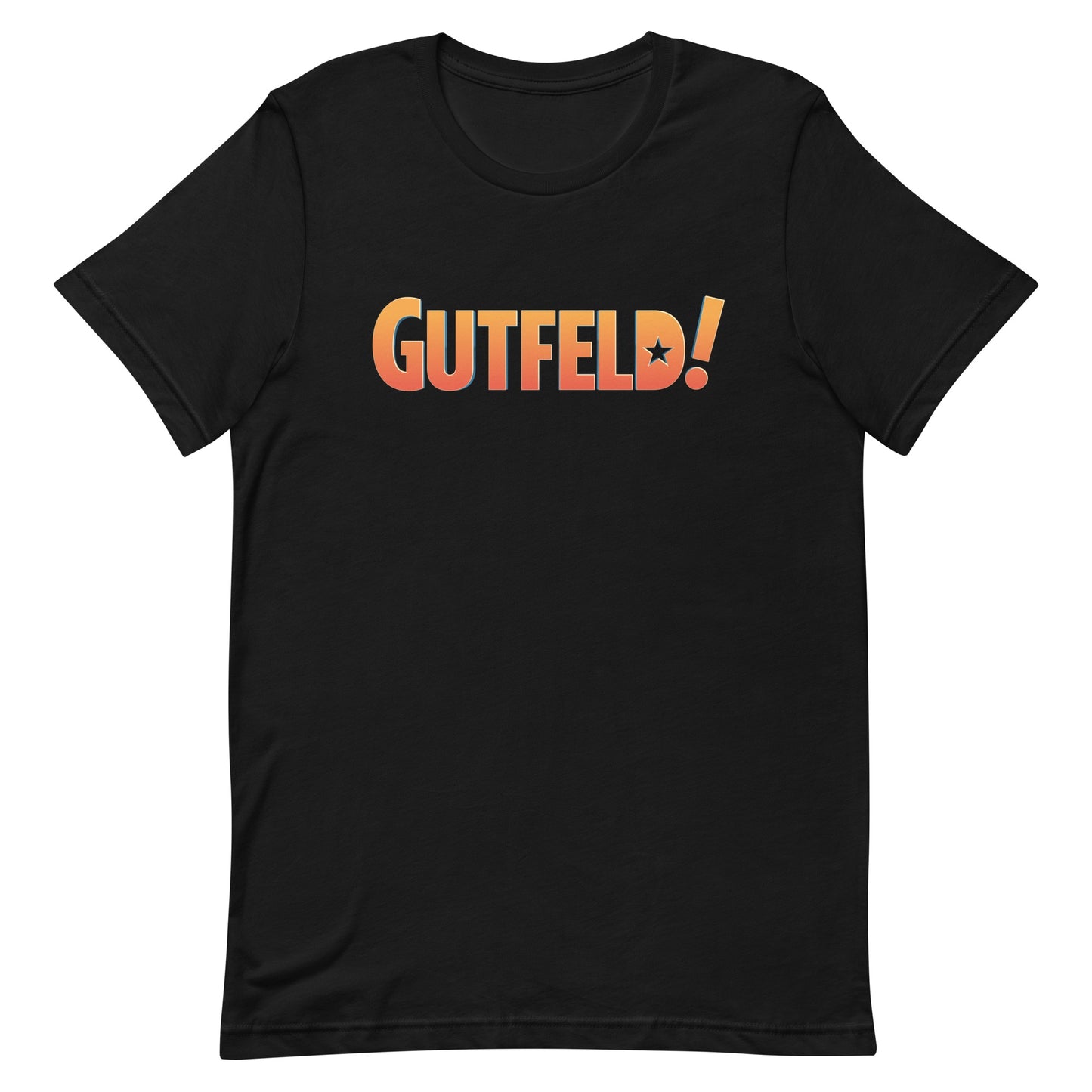 A crisp front-facing view of the black Gutfeld! Logo T-Shirt featuring the iconic show logo in the center.