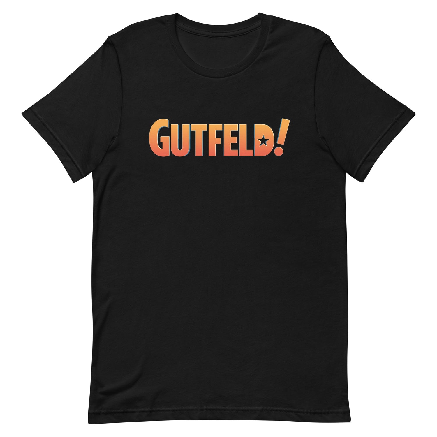 A crisp front-facing view of the black Gutfeld! Logo T-Shirt featuring the iconic show logo in the center.