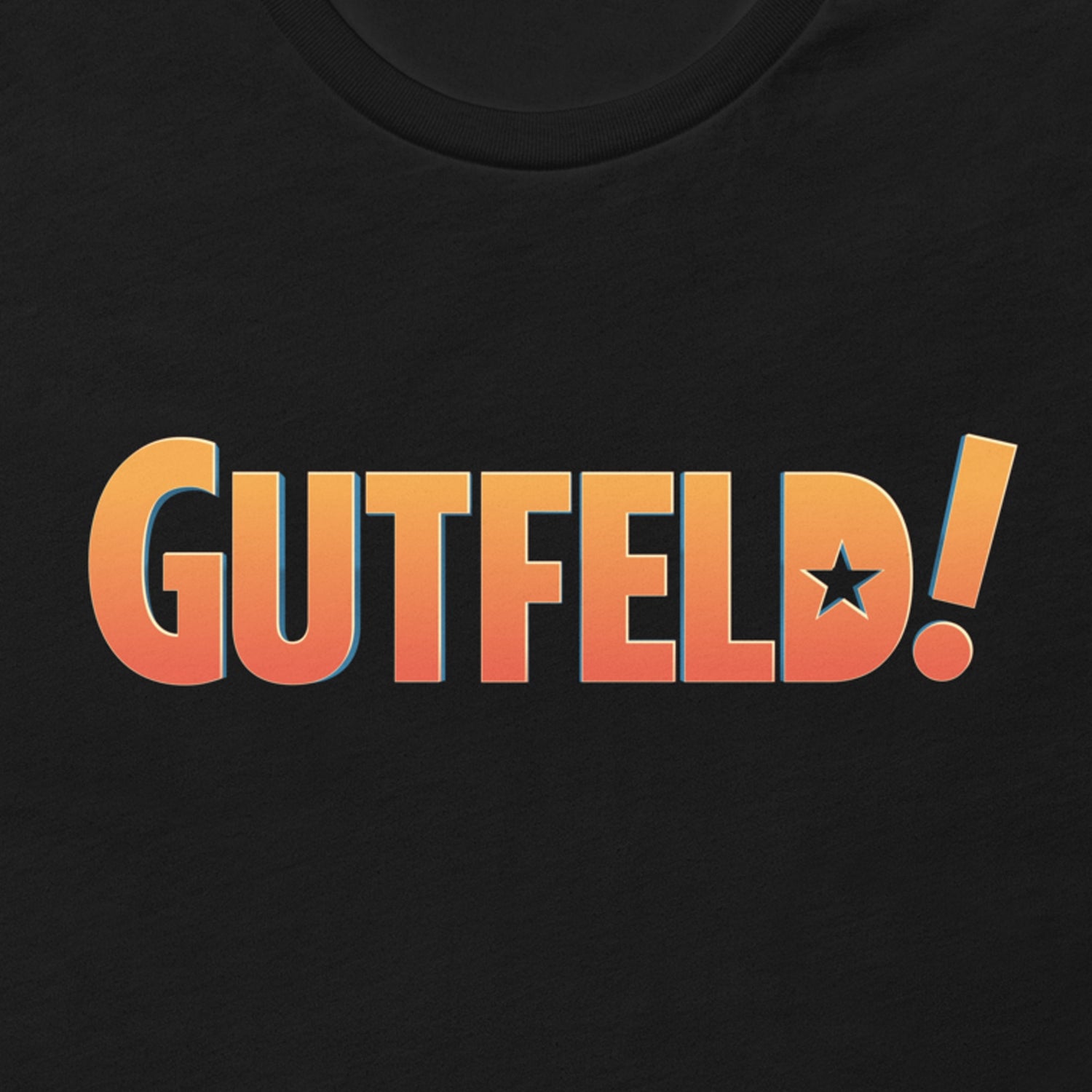 A lifestyle shot of the Gutfeld! Logo T-Shirt in a comfortable American home setting, highlighting its high-quality fabric.