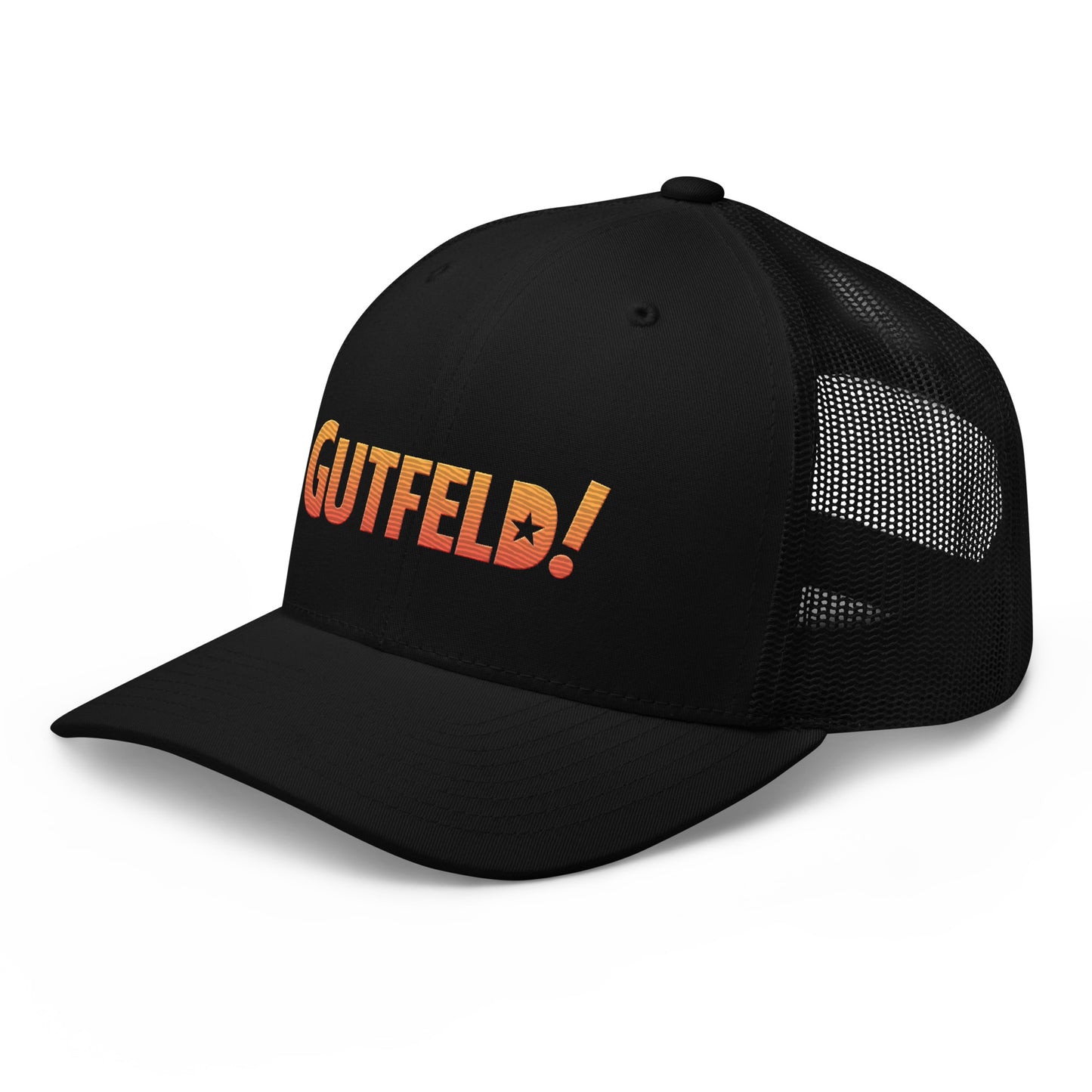 A loyal FOX News viewer wearing the Gutfeld! hat in a suburban American backyard.