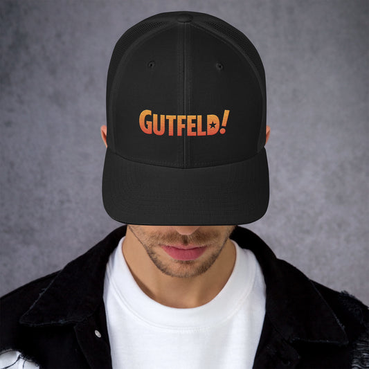 Front view of the Gutfeld! Logo Retro Trucker Hat showing the crisp logo embroidery.