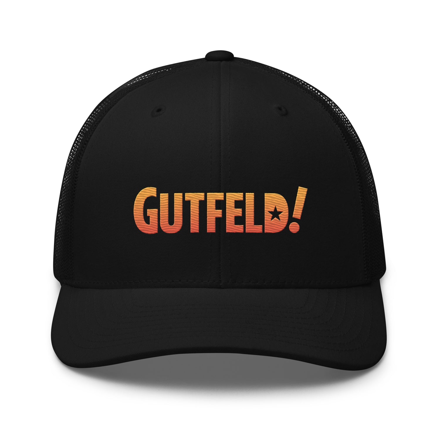 Official Gutfeld! Logo Embroidered Retro Trucker Hat in Black with white mesh back.