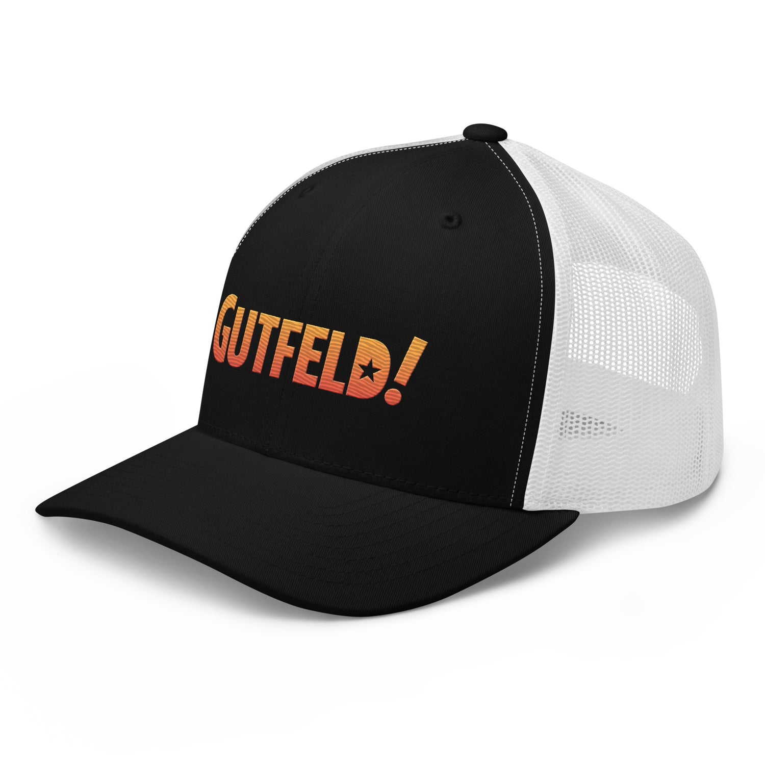 A Gutfeld! fan wearing the black embroidered trucker hat while enjoying a morning coffee.