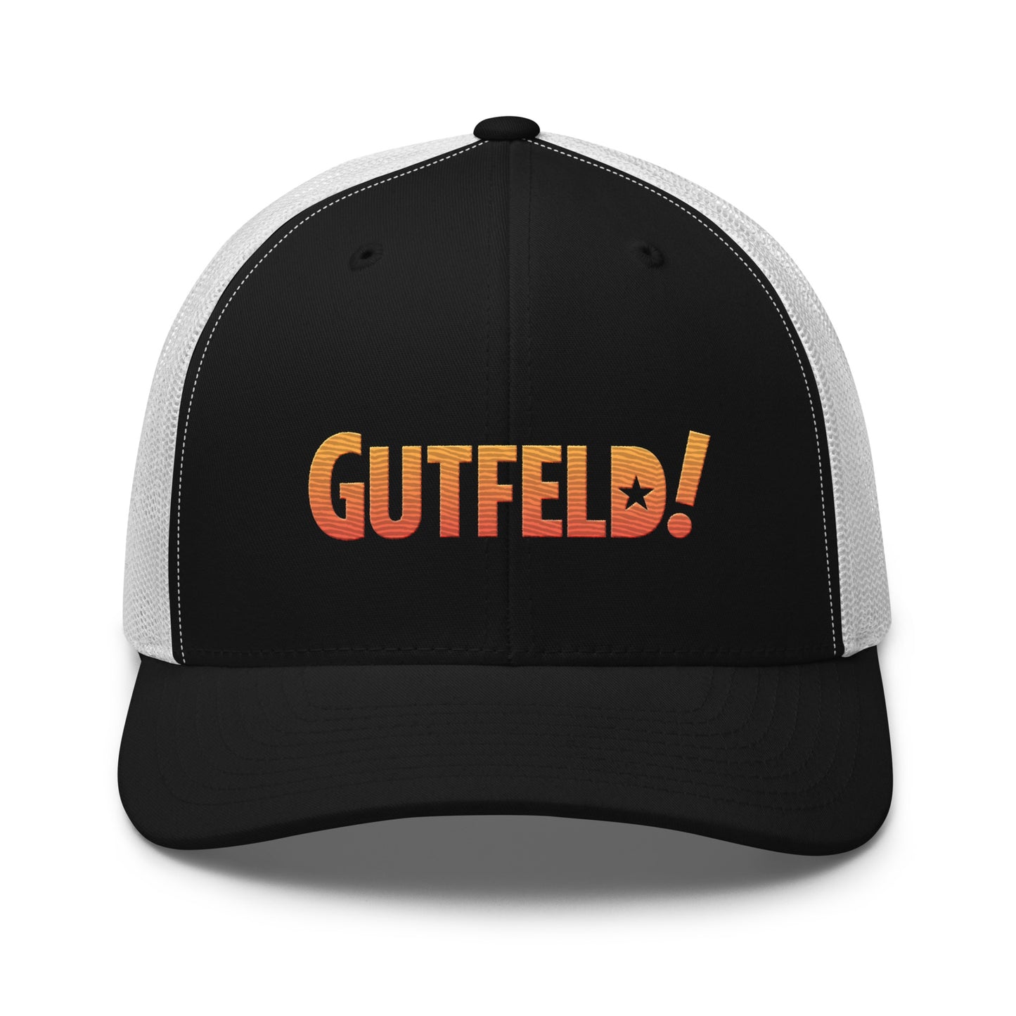 Side profile of the Gutfeld! mesh back cap showing the structured retro trucker fit.