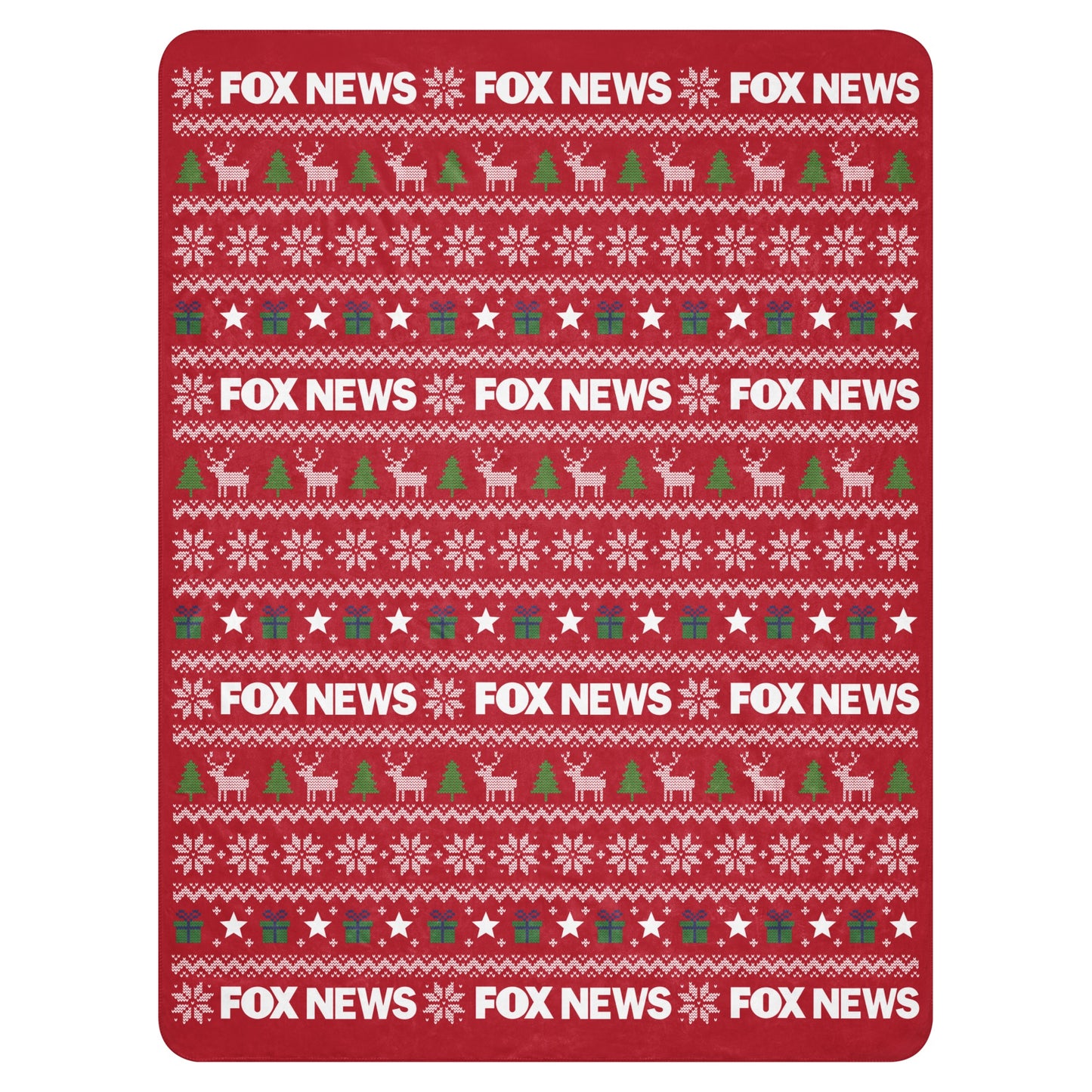 A cozy FOX News Holiday Sherpa Blanket spread out in a modern American living room setting.