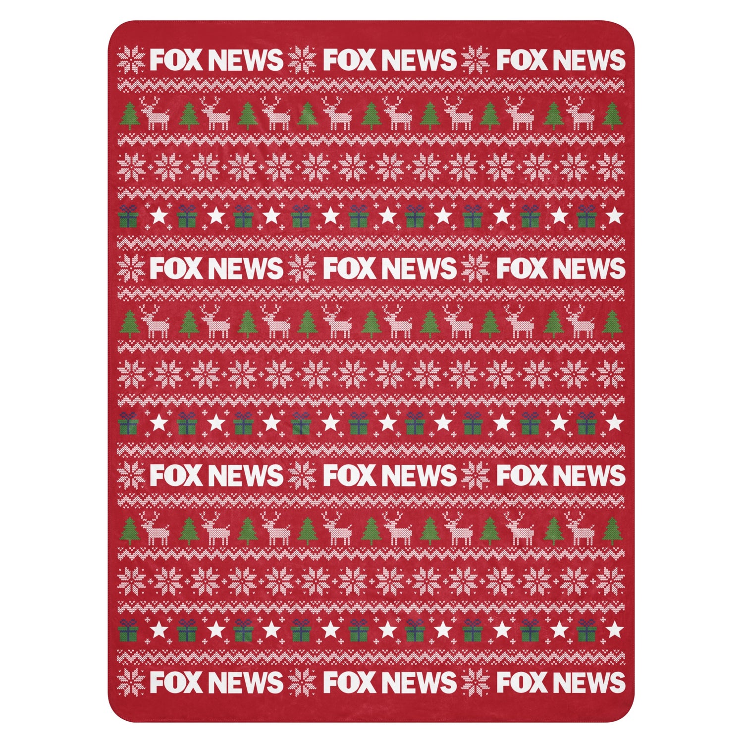 A cozy FOX News Holiday Sherpa Blanket spread out in a modern American living room setting.