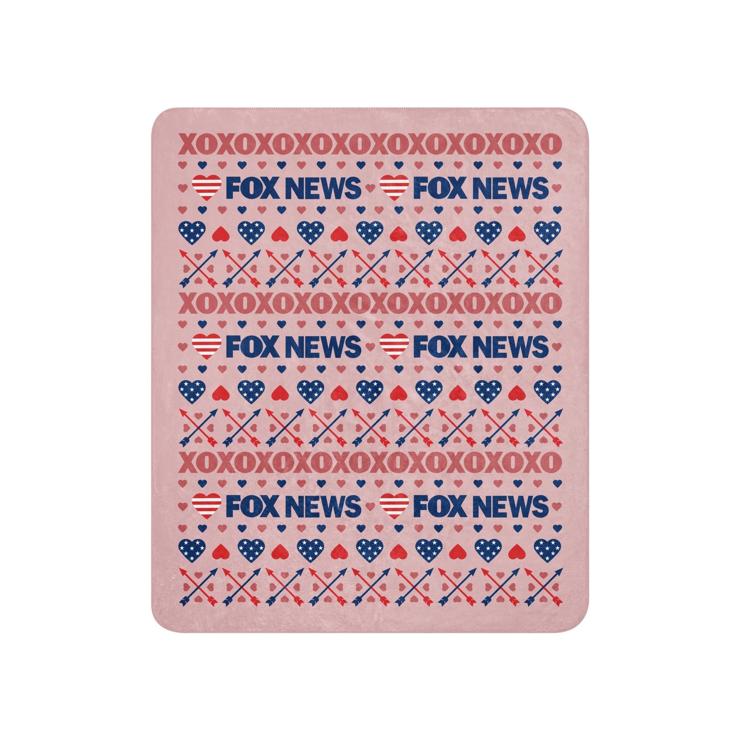 The FOX News Heart Sherpa Blanket shown in a larger 60x80 size, draped across a modern bed.