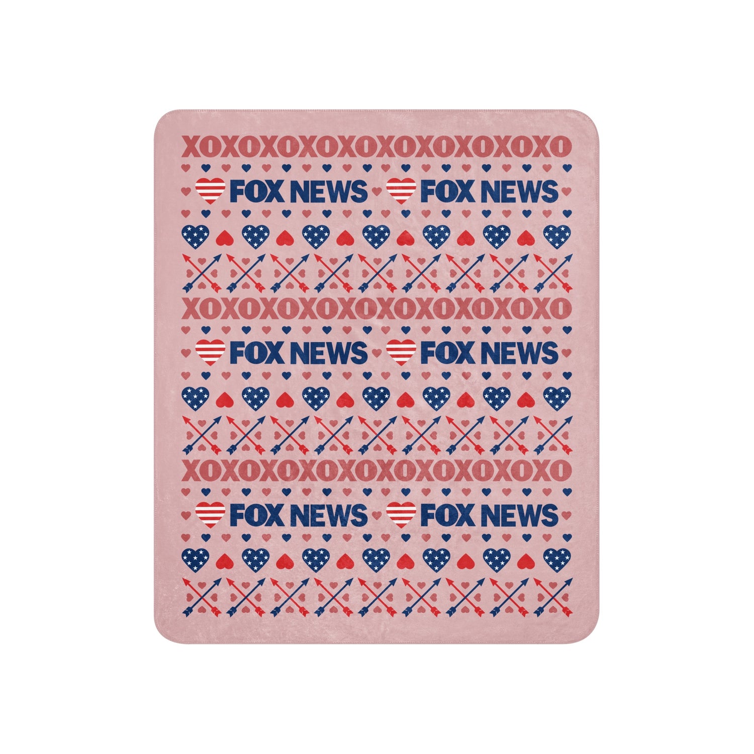 The FOX News Heart Sherpa Blanket shown in a larger 60x80 size, draped across a modern bed.
