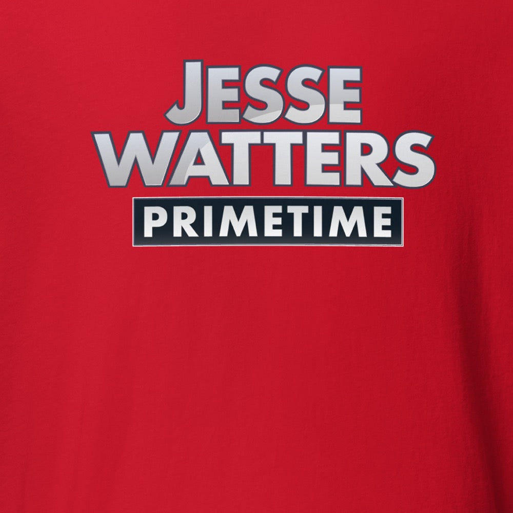 Close-up of the Jesse Watters Primetime Logo T-Shirt in Dark Grey Heather showing the crisp, official show logo detail.