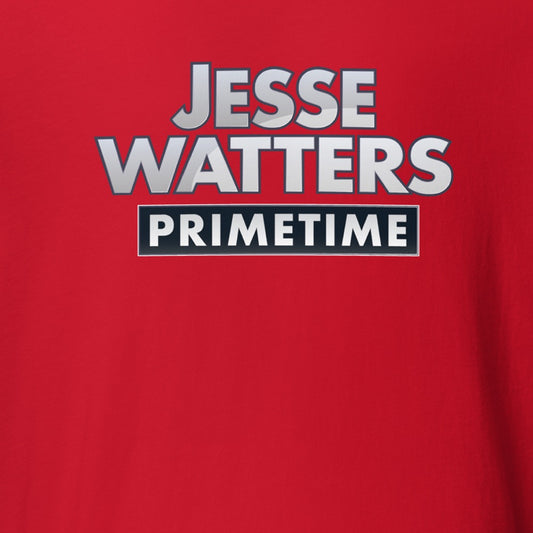 Close-up of the Jesse Watters Primetime Logo T-Shirt in Dark Grey Heather showing the crisp, official show logo detail.