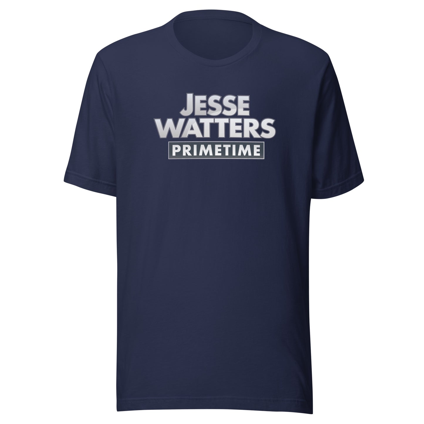 Front view of the Navy Jesse Watters Primetime Logo T-Shirt laid flat, showcasing the bold logo placement.