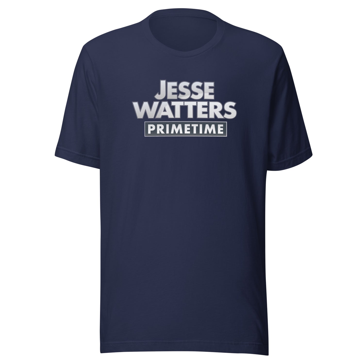 Front view of the Navy Jesse Watters Primetime Logo T-Shirt laid flat, showcasing the bold logo placement.
