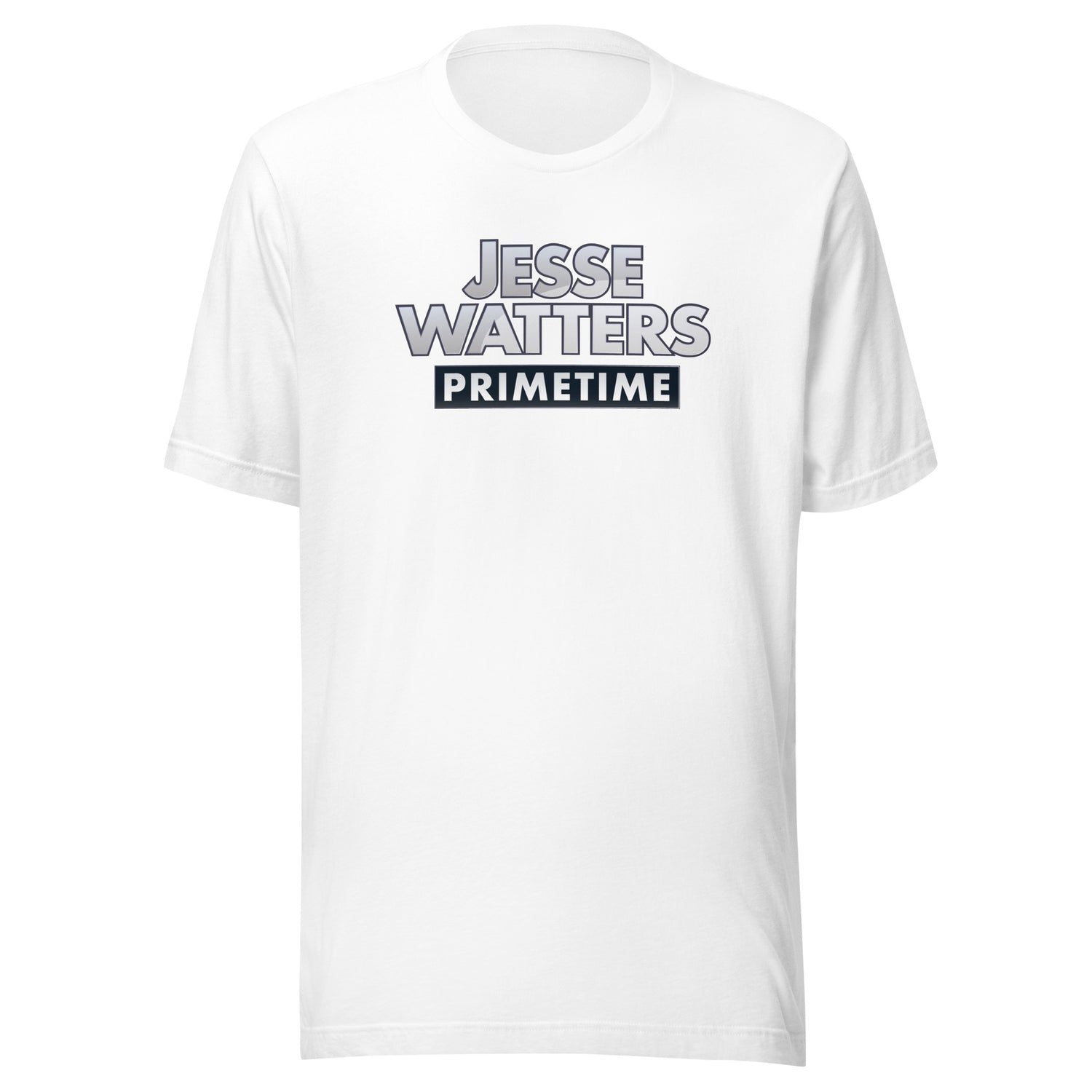 An everyday American man smiling while wearing the official Jesse Watters Primetime Logo T-Shirt.