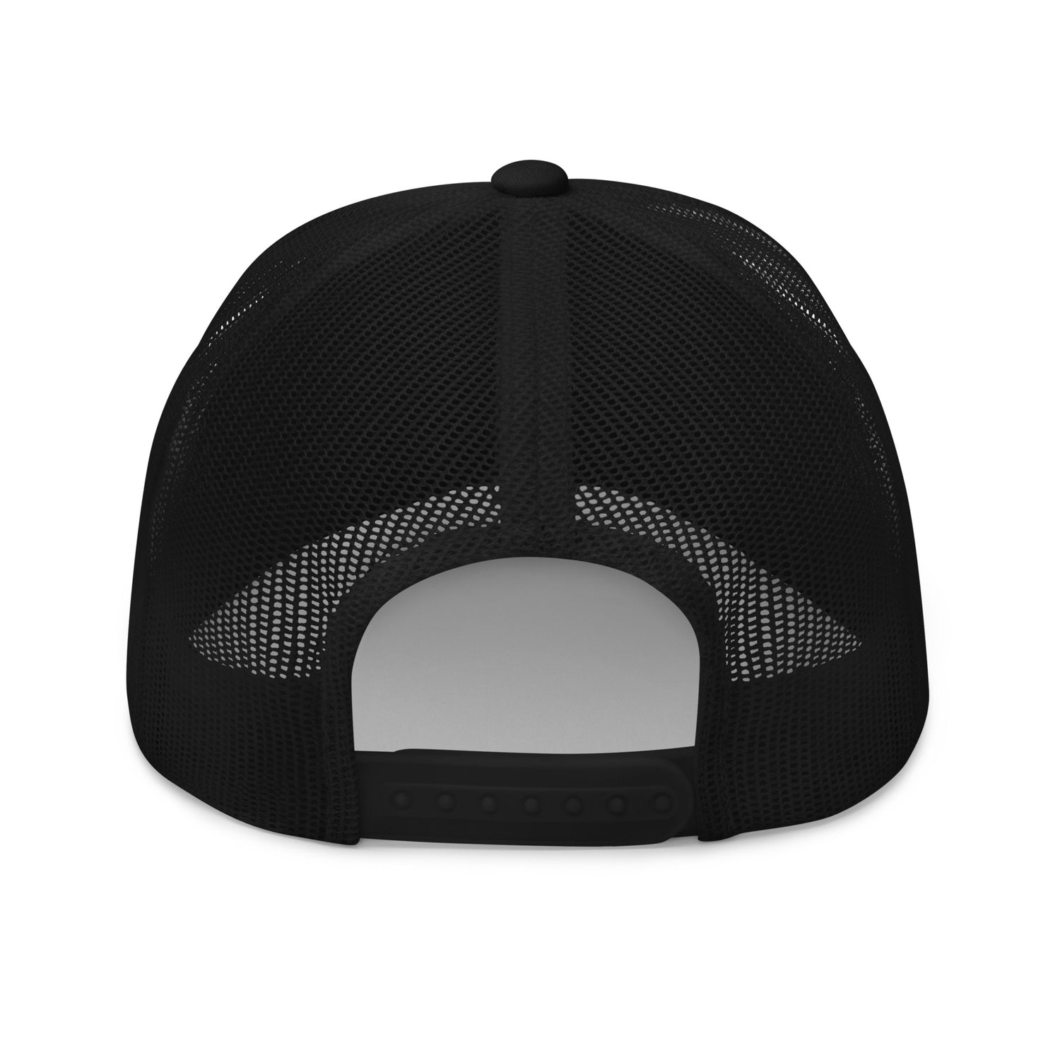 Side profile of the trucker hat highlighting the breathable mesh panels and adjustable snapback closure.